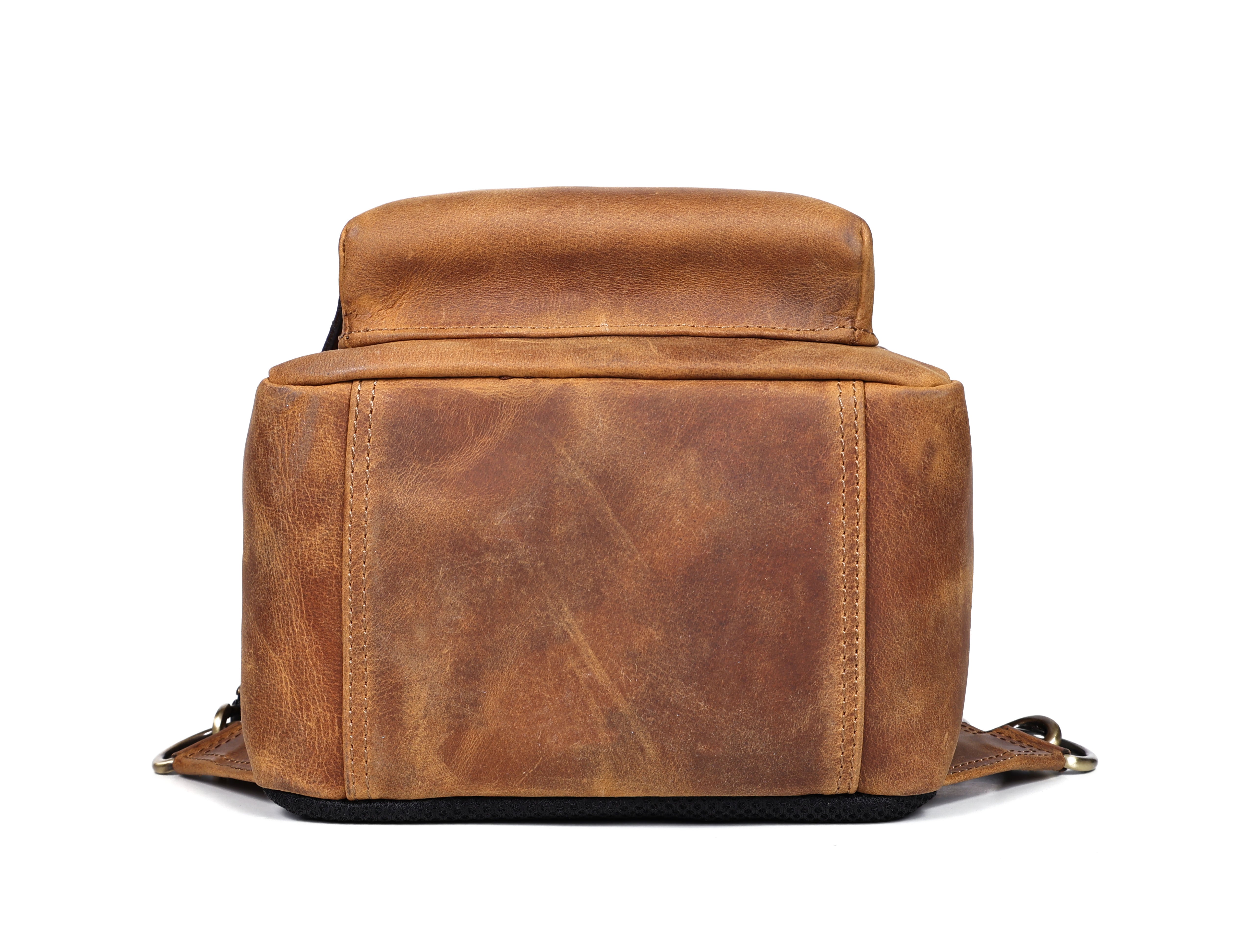 Premium Genuine Leather Crossbody Bag with Multiple Zip Pockets & Fixed Strap