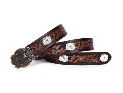 Artisan Brown Leather Tooling Belt: Animal-Inspired Buckle and Floral Accents. - CELTICINDIA