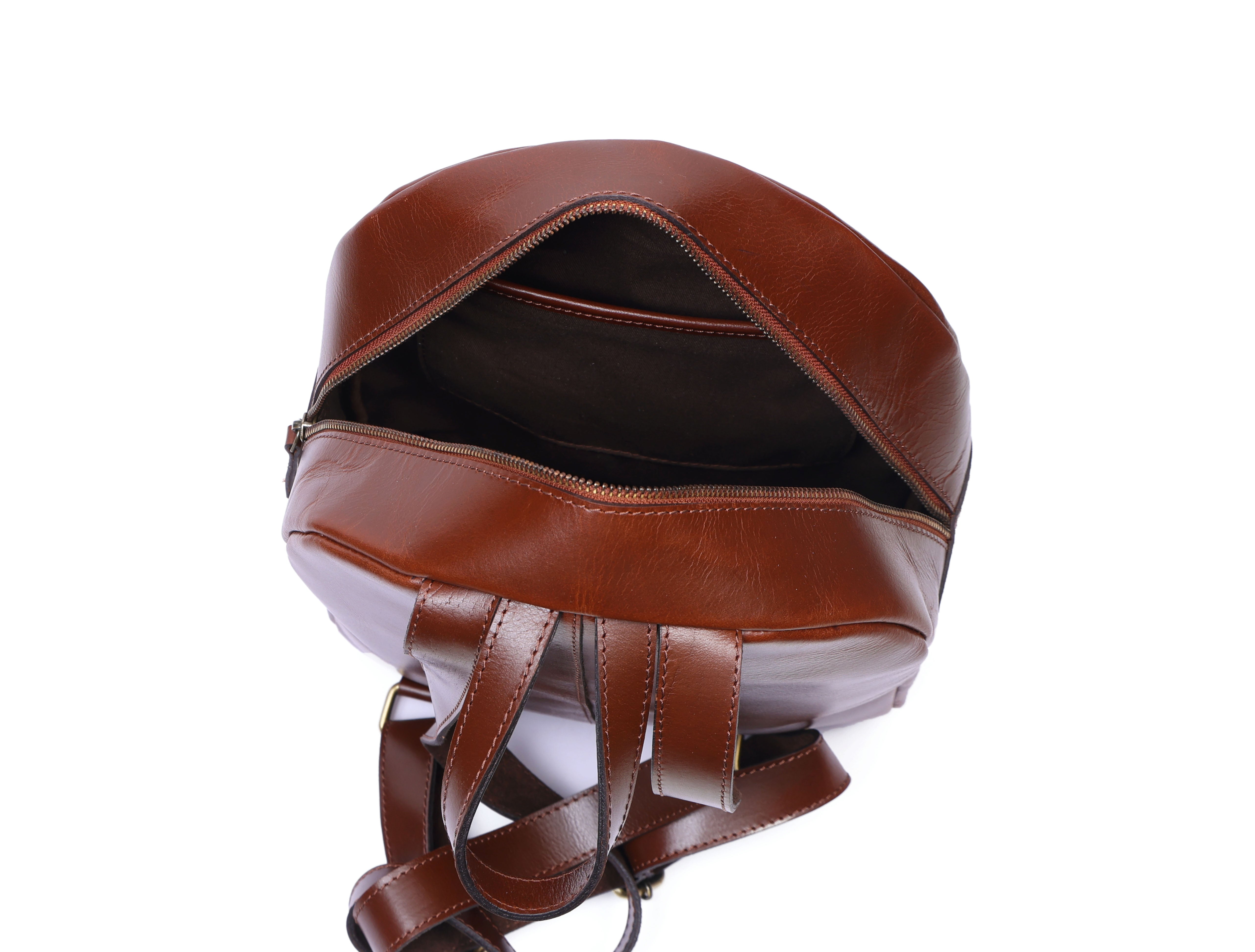Genuine Leather Mini Backpack for Women with Front Pocket Classic Brown Daypack