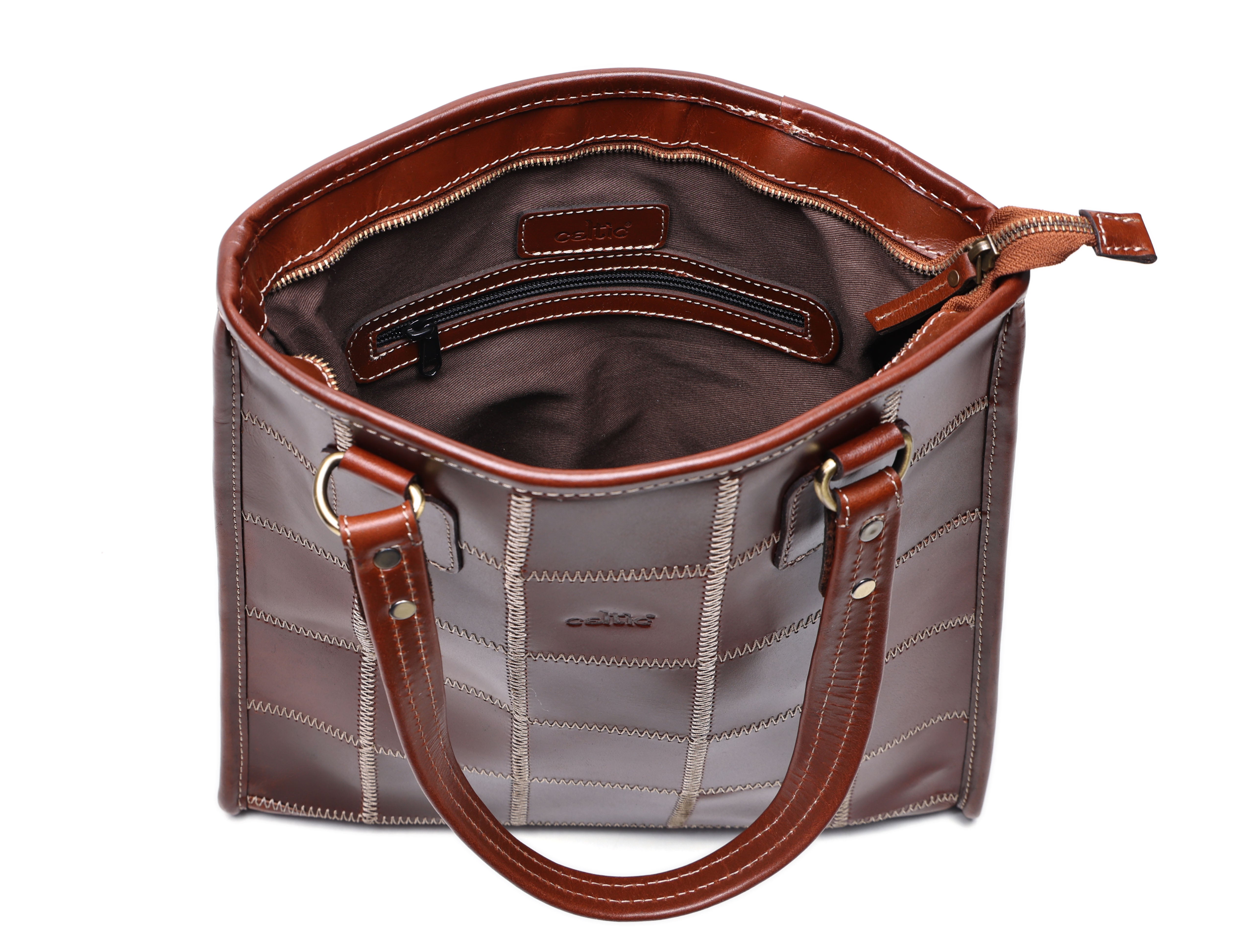 Premium Genuine Leather Shoulder totebag with Grid Stitching & Zip Closure