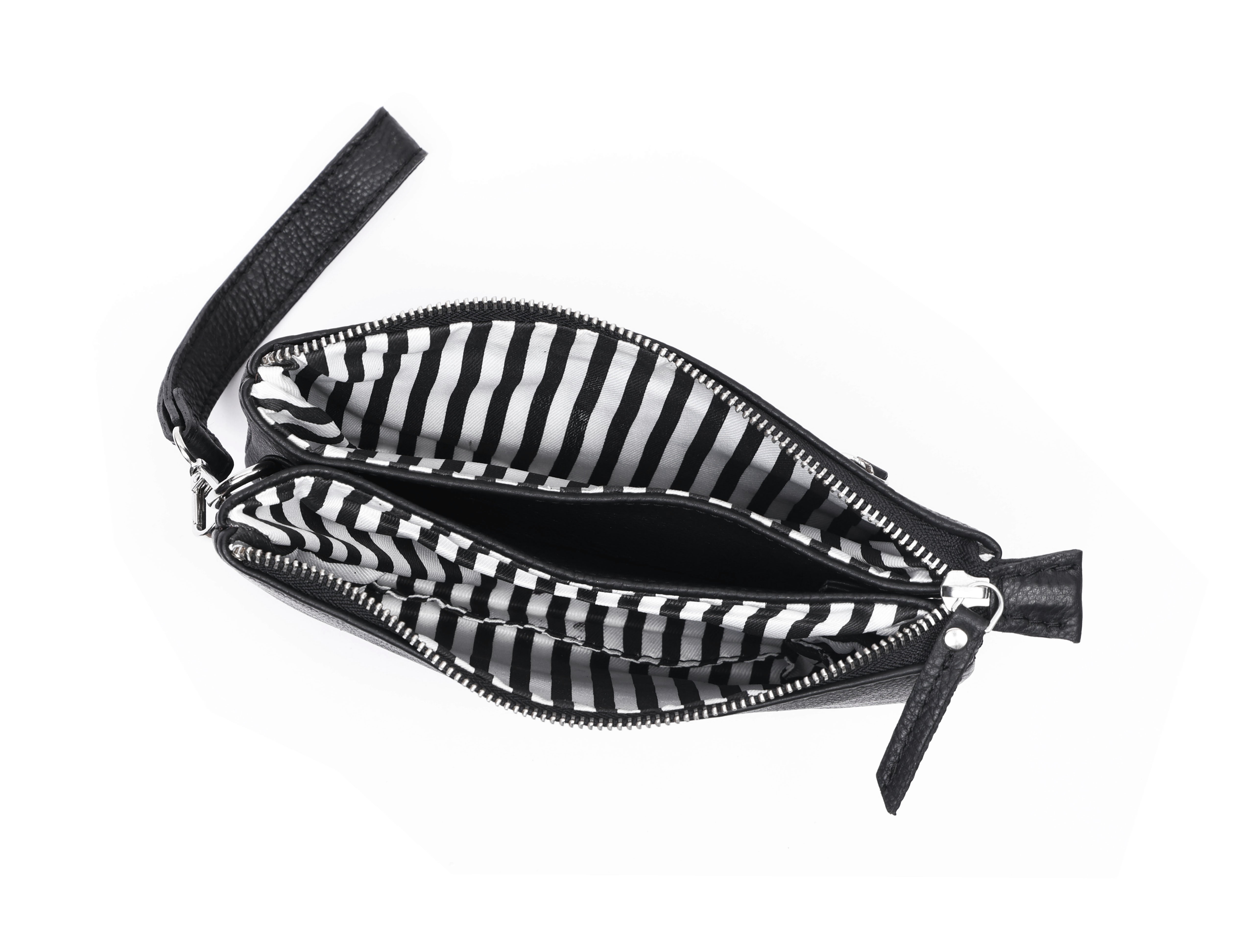 Premium Black Genuine Leather Sling Clutch with Dual Zip Compartments & Adjustable Strap