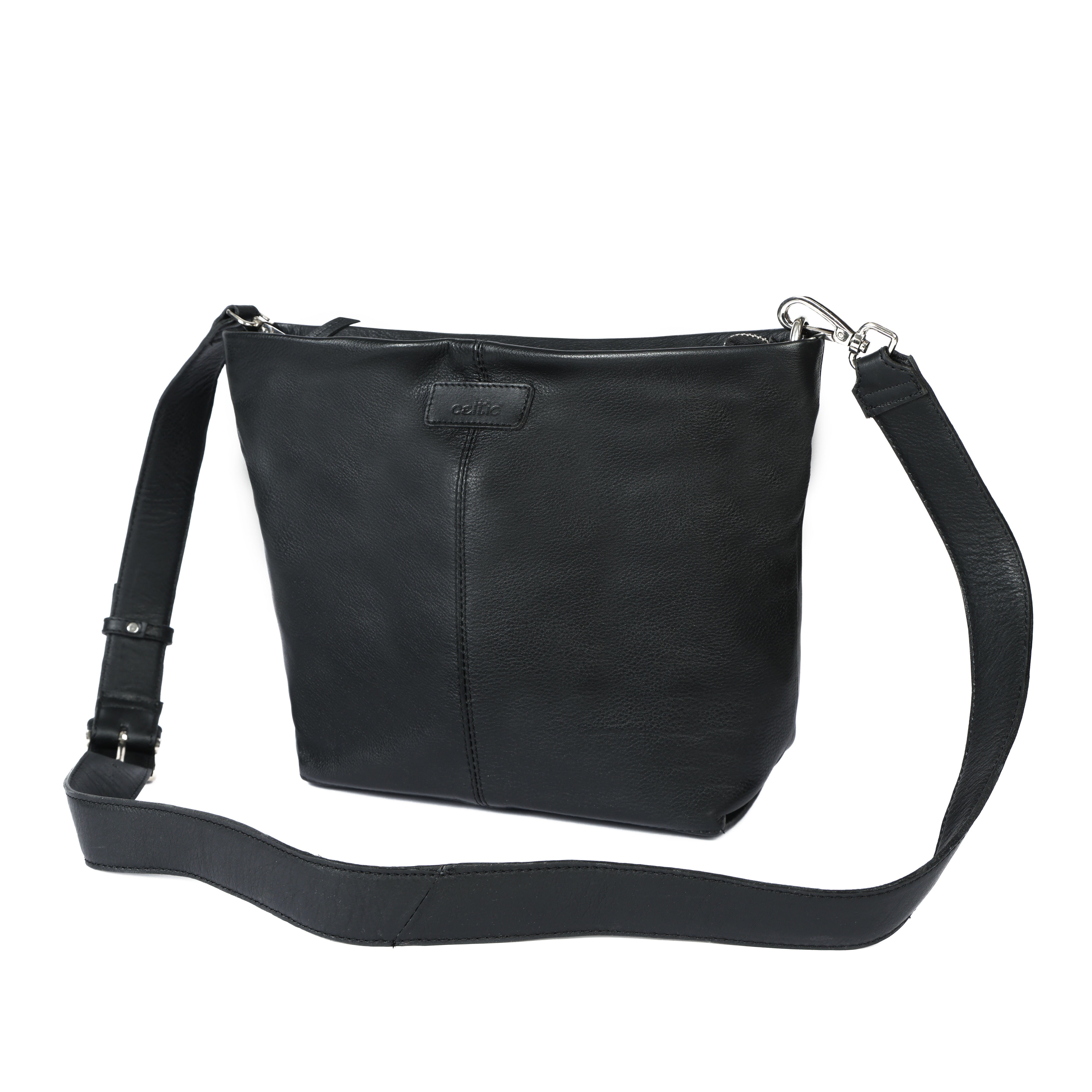 Premium Black  Leather Large Crossbody Shoulder Bag with Zip Pocket & Adjustable Strap