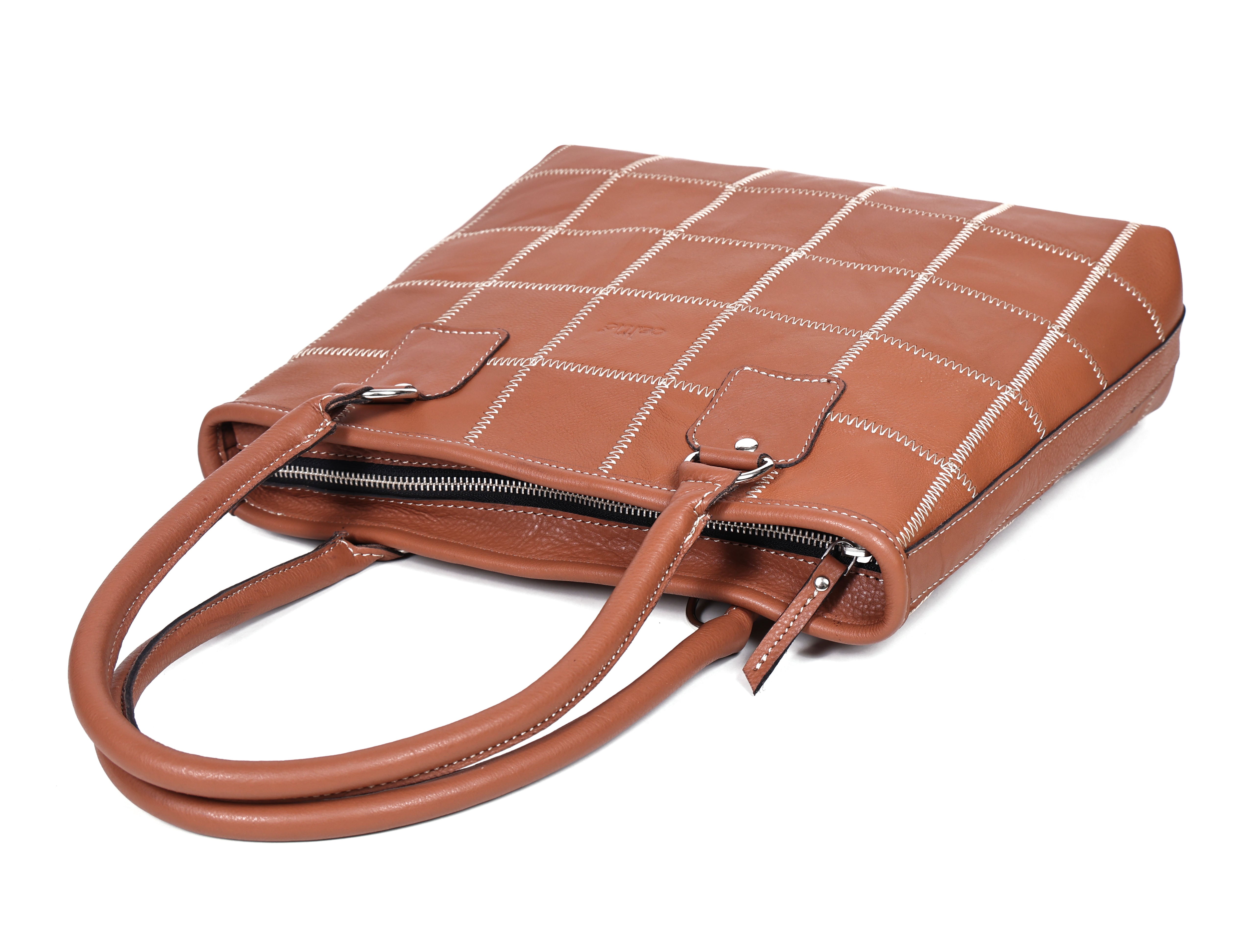 Genuine Leather Brown Tote Bag with Check Stitch Design and Zip Closure