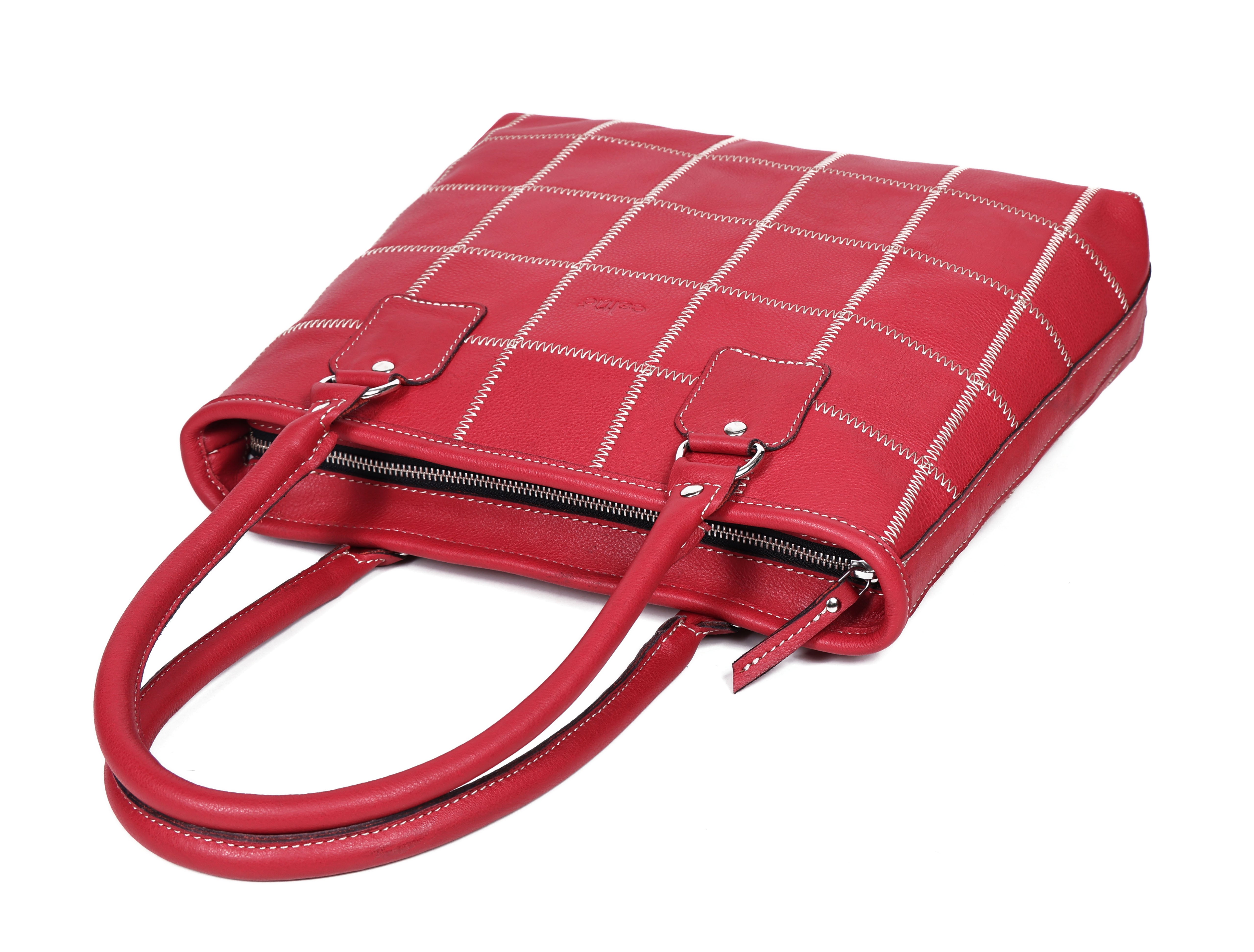 Genuine Leather Red Tote Bag with Check Stitch Design and Zip Closure