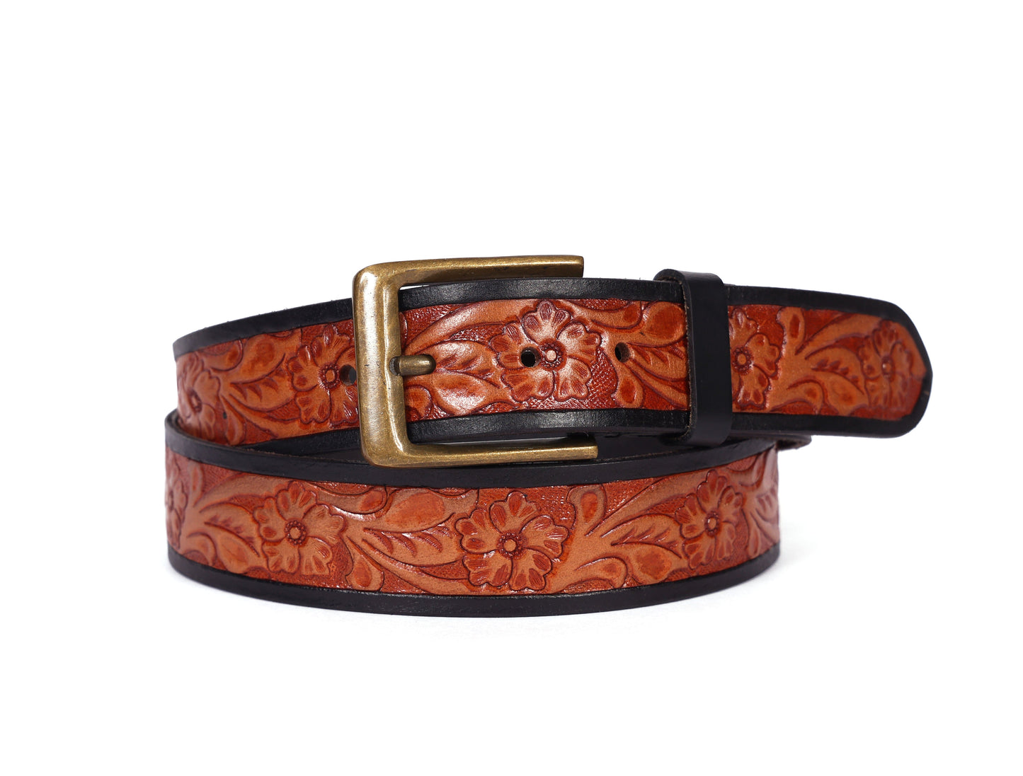 Premium Hand-Made Brown and Black Tooling Belt with Brass Antique Buckle. - CELTICINDIA