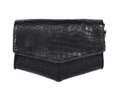 Chic Elegance: Black Deep Croco Leather Crossbody Bag. - CELTICINDIA