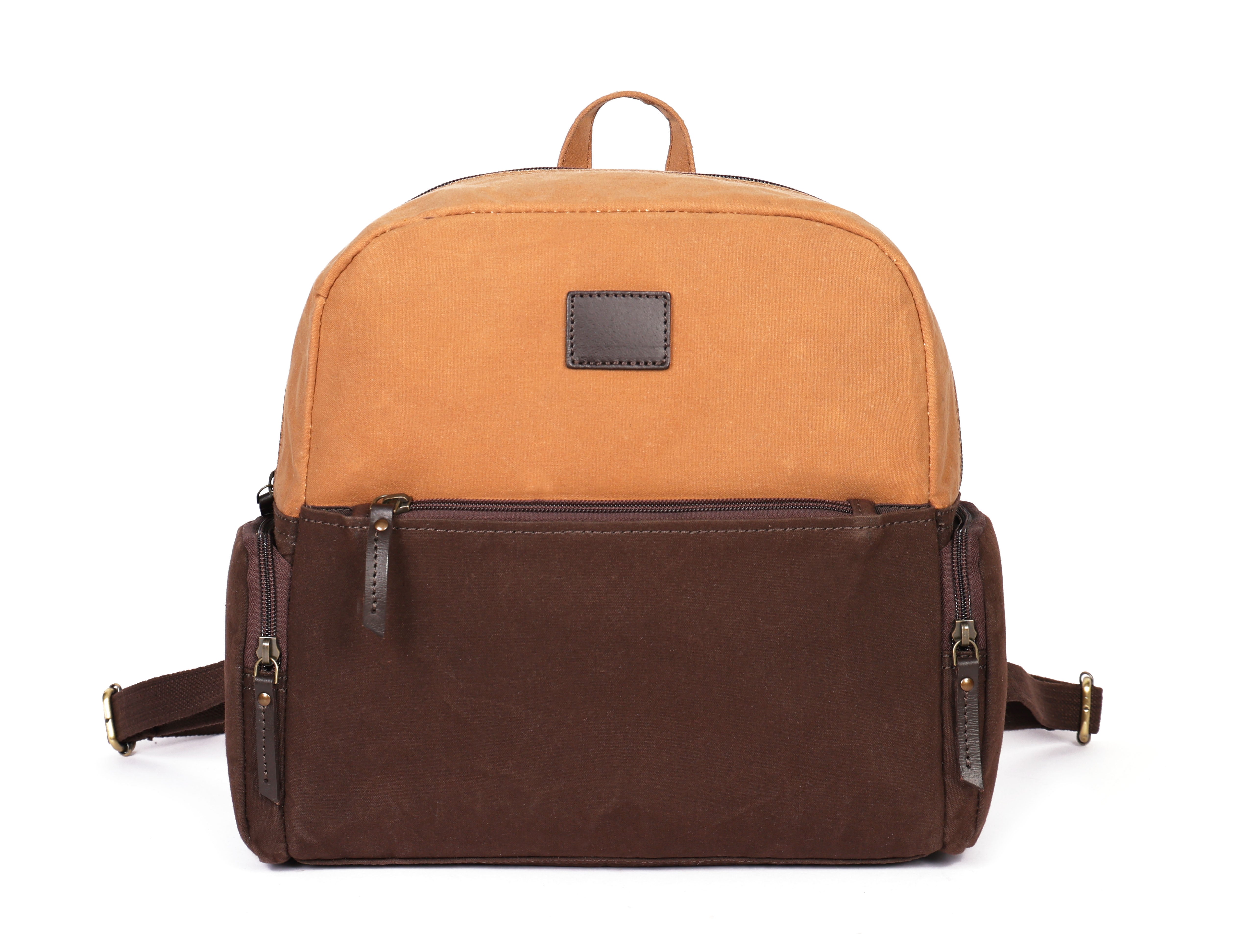 Premium Genuine  Leather & Canvas Mini Backpack with Multi Zip Pockets & Adjustable Straps