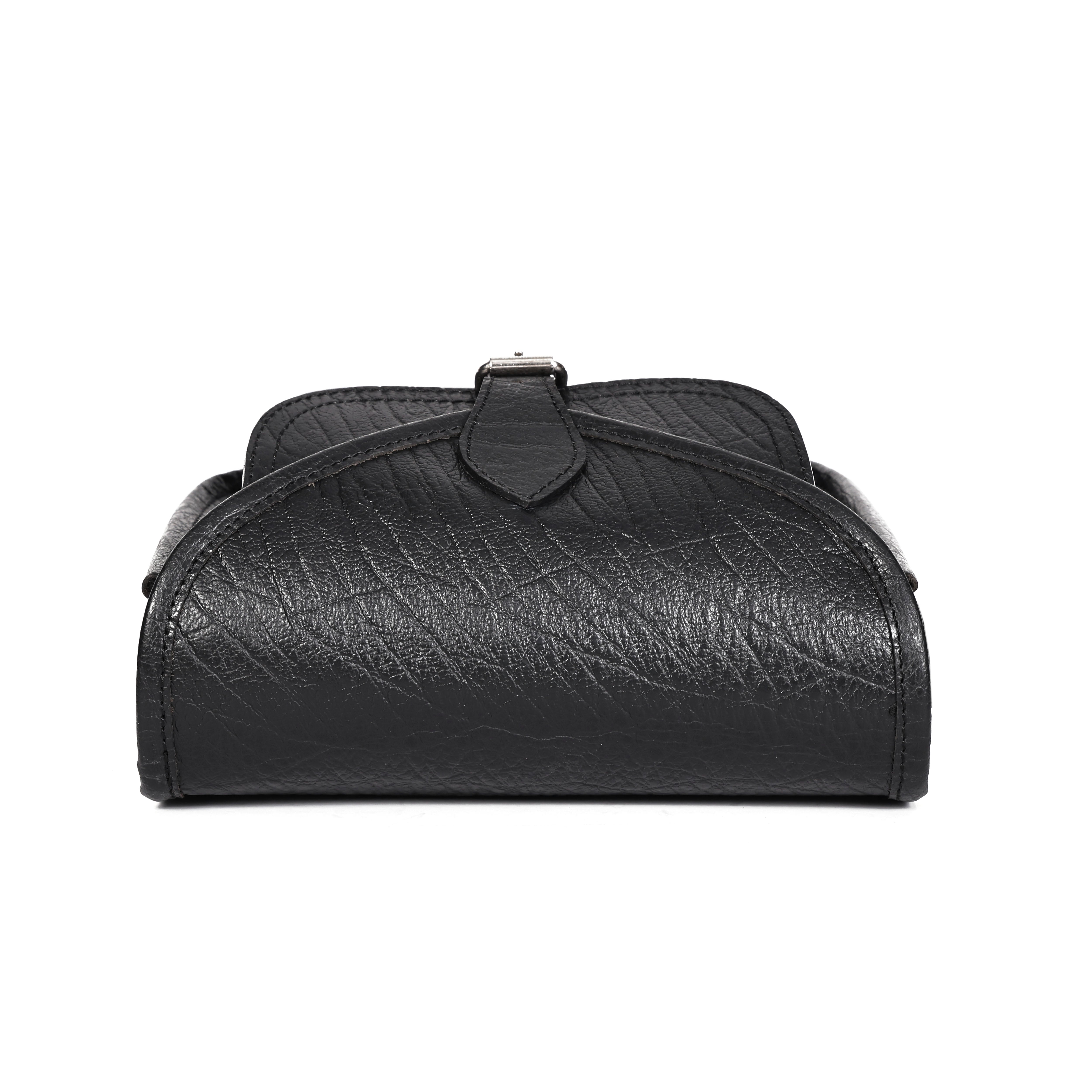 Black Wrinkle-Texture Leather Sling bag with Front Pocket & Adjustable Strap