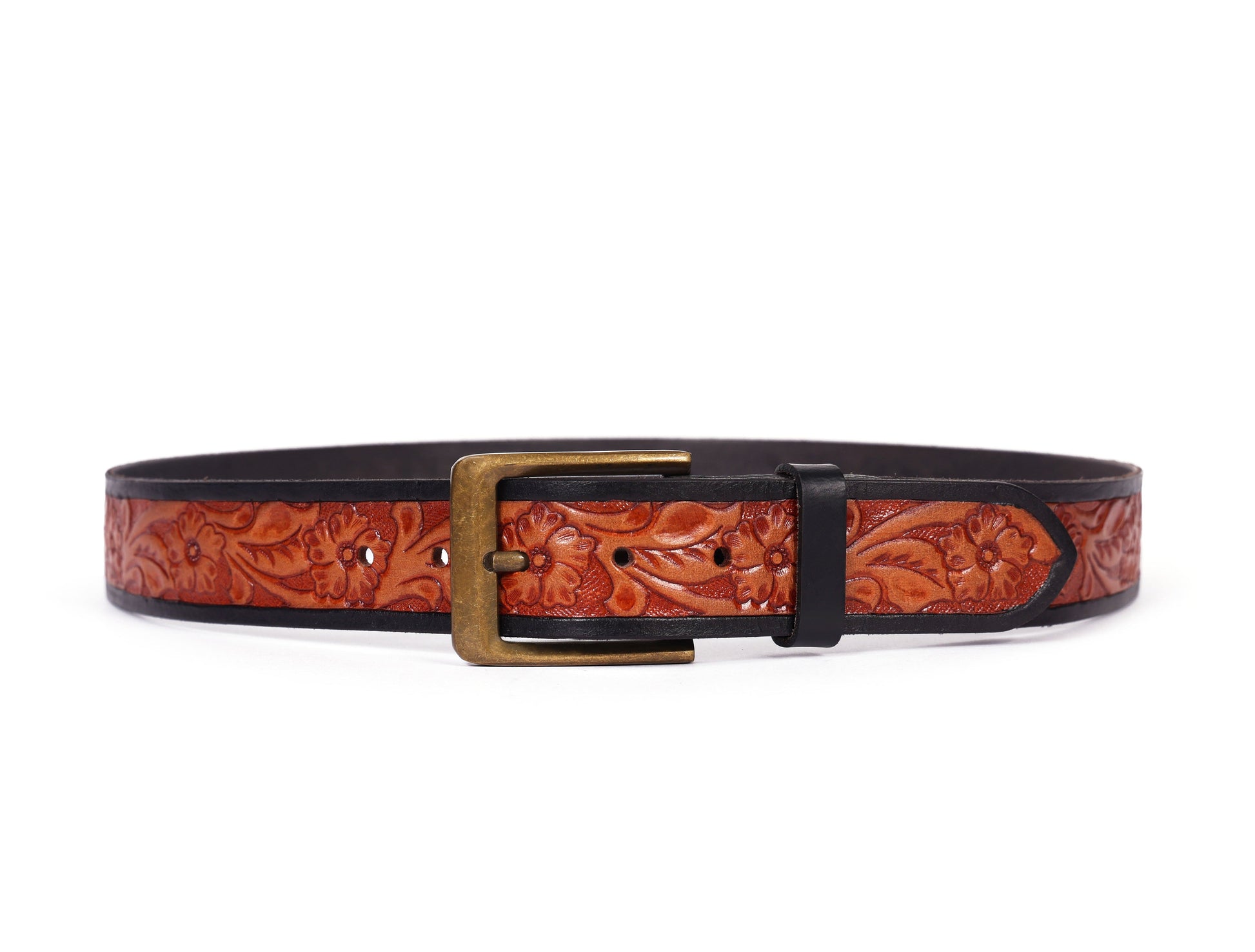 Premium Hand-Made Brown and Black Tooling Belt with Brass Antique Buckle. - CELTICINDIA