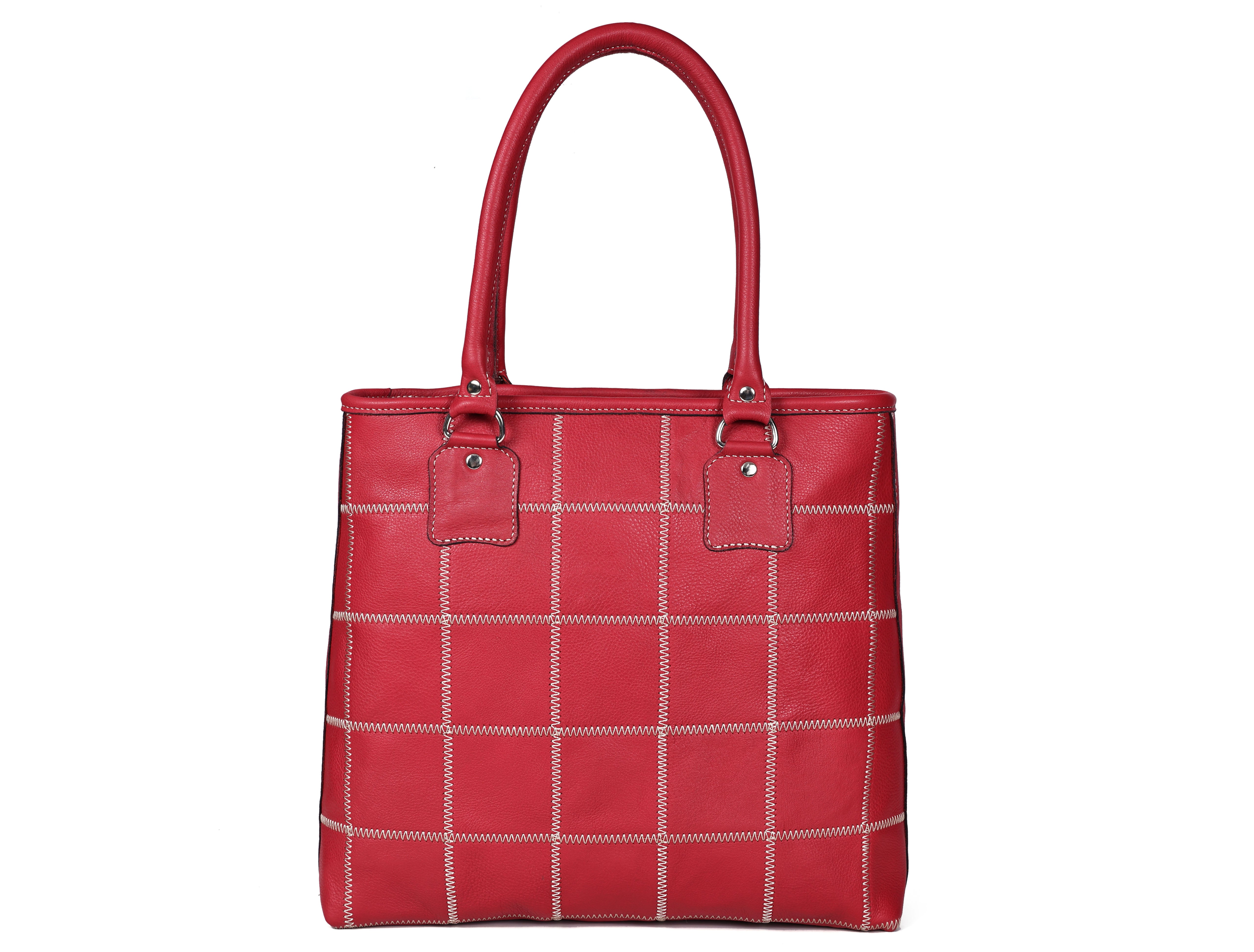 Genuine Leather Red Tote Bag with Check Stitch Design and Zip Closure