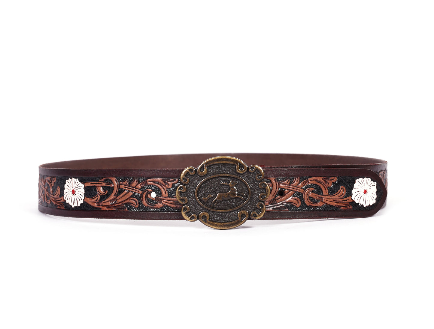 Artisan Brown Leather Tooling Belt: Animal-Inspired Buckle and Floral Accents. - CELTICINDIA