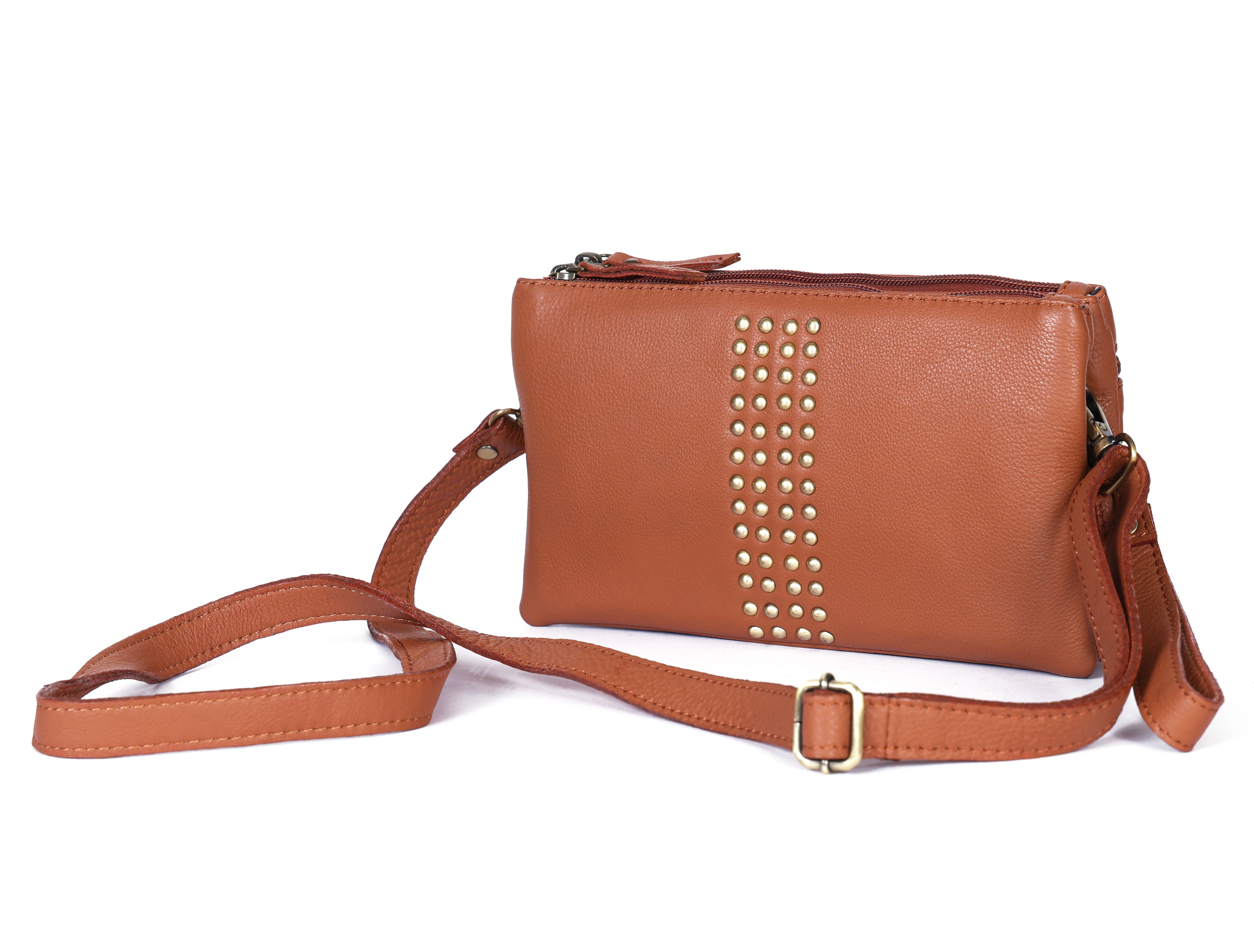 Premium Genuine Leather Studded Wristlet Sling  with Dual Zip Compartments for Women