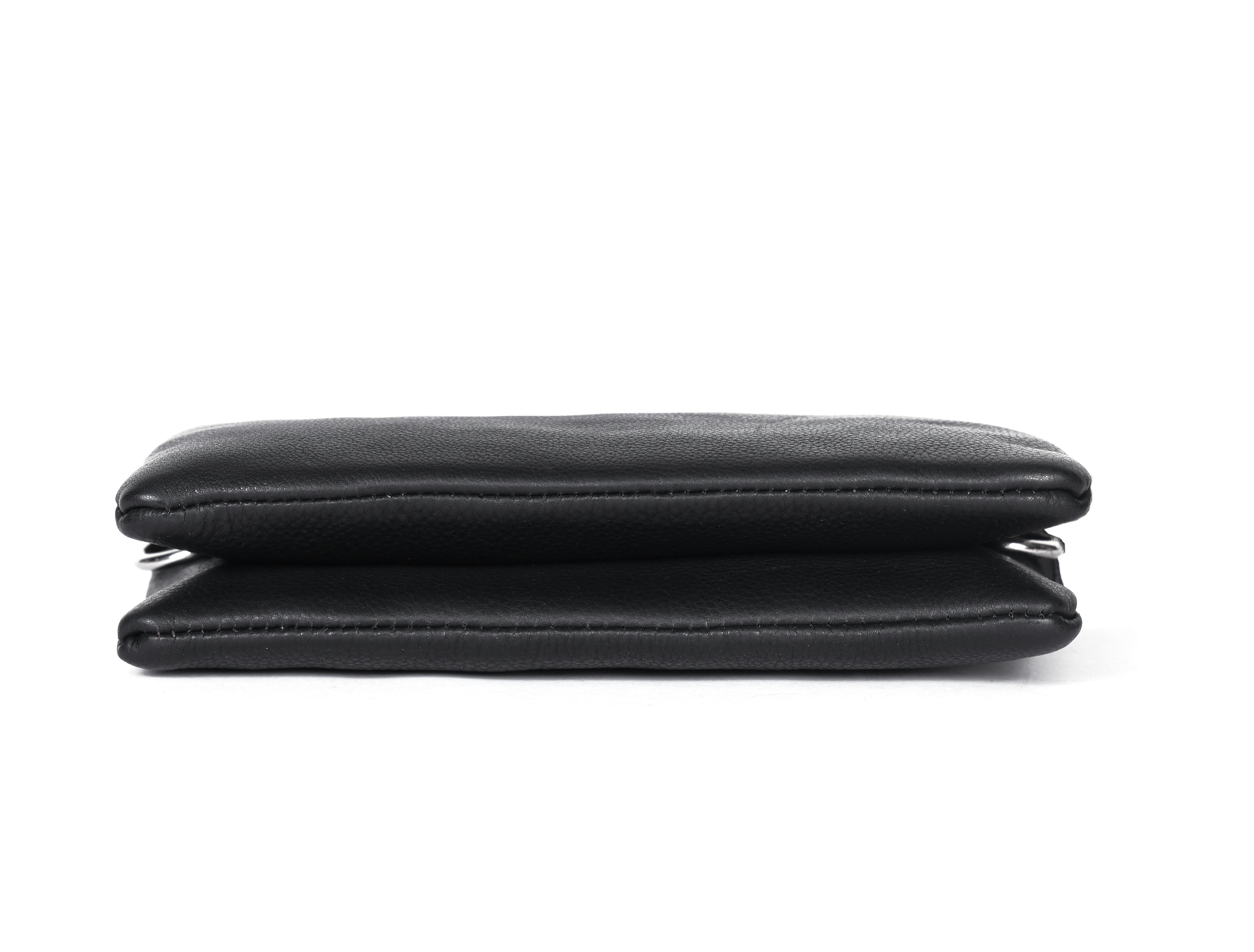 Premium Black Genuine Leather Sling Clutch with Dual Zip Compartments & Adjustable Strap