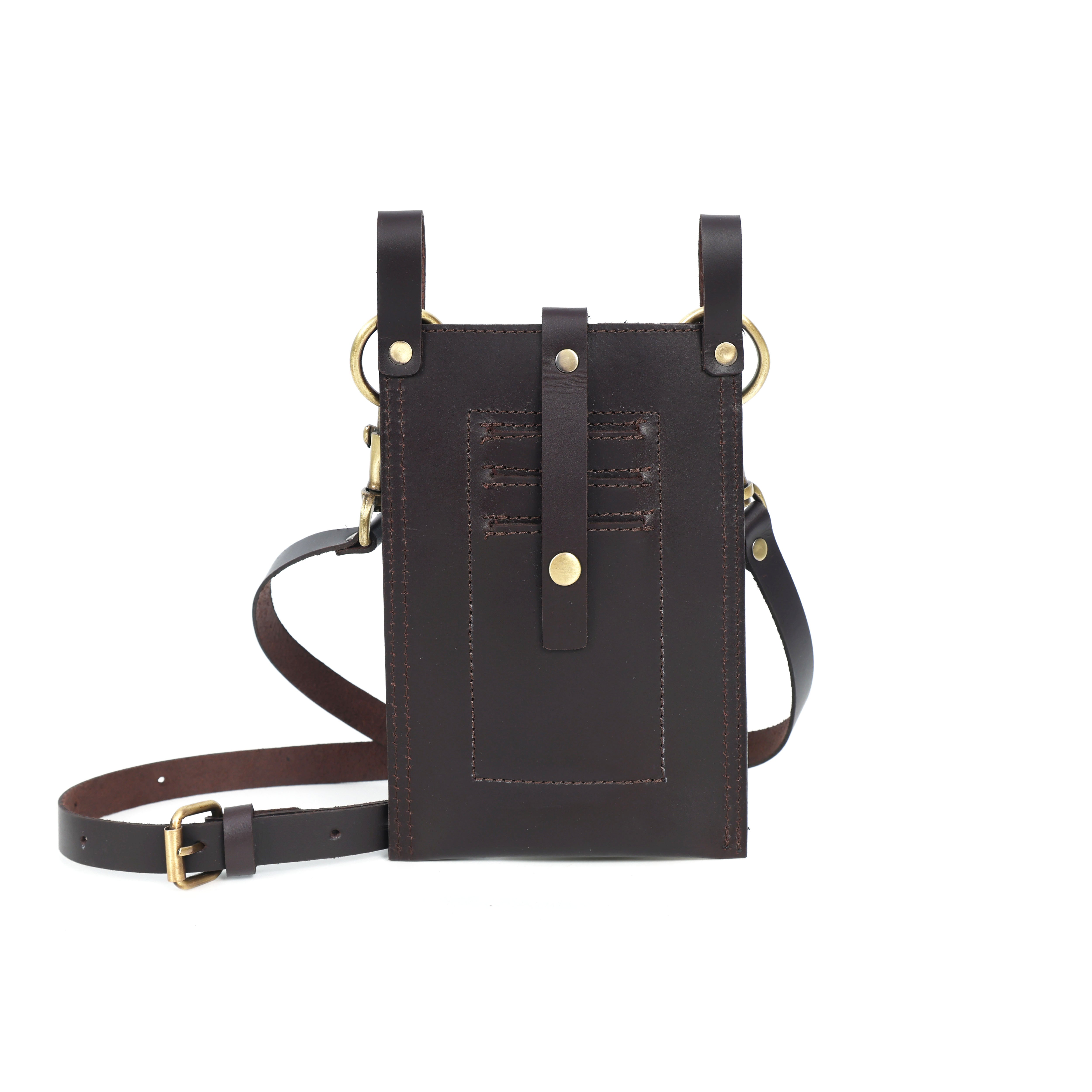 Genuine Leather Crossbody Phone Pouch with Adjustable Strap – Dark Brown