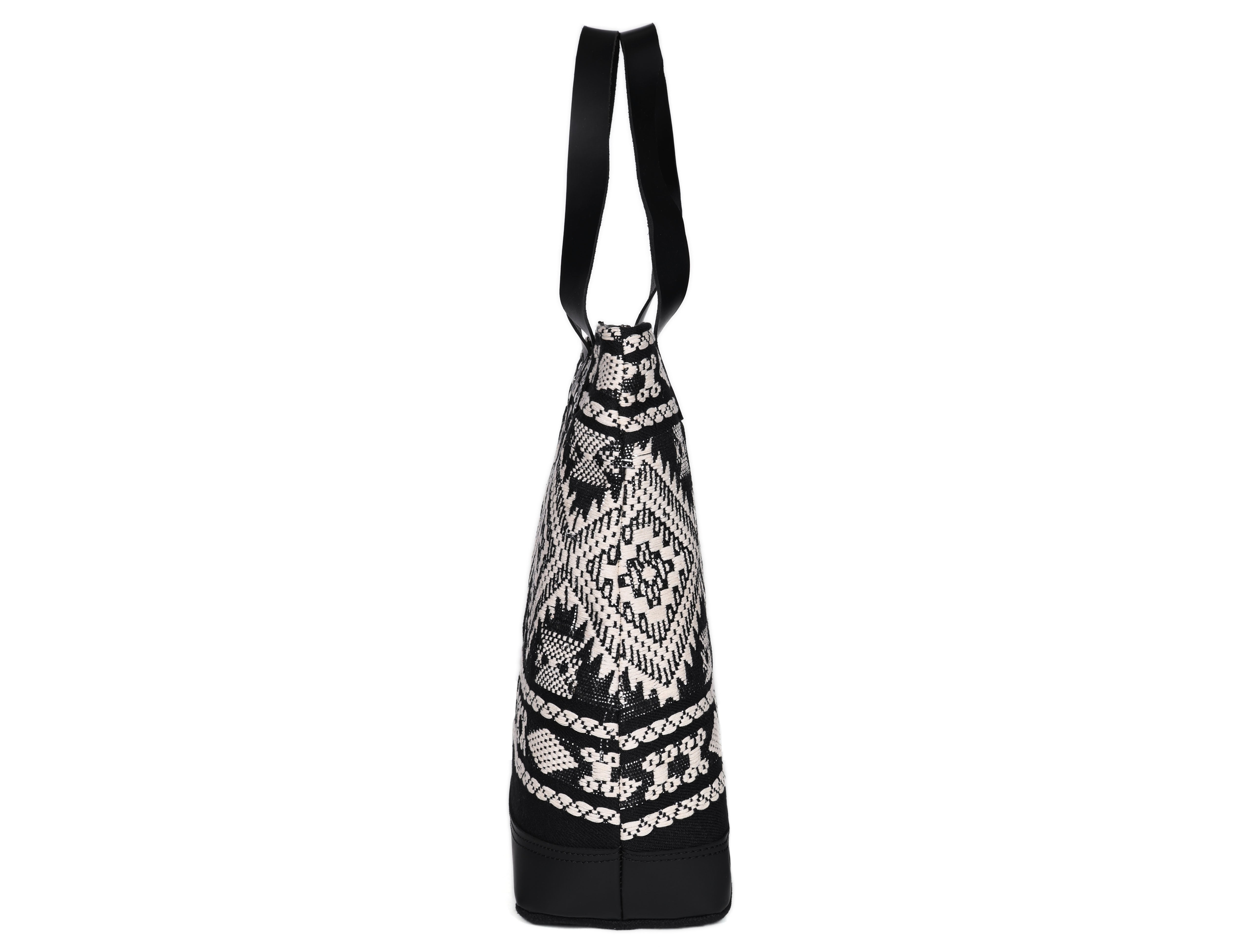 Premium Black & White Jacquard Tote Bag With Spacious Zipper Compartments