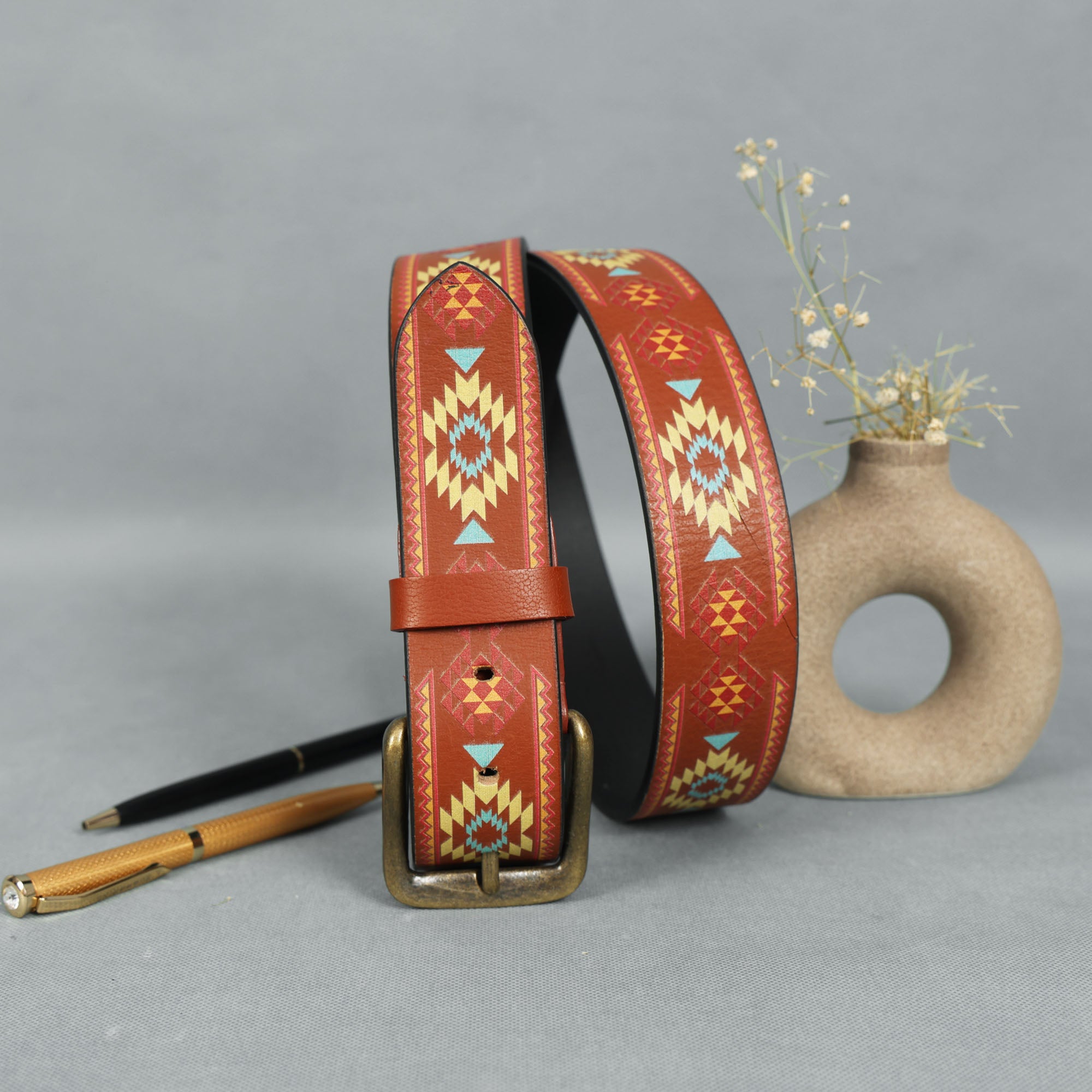 Brown Printed Belt with Ironic Statement Buckle  Trendy & Bold Streetwear Accessory.LB-890
