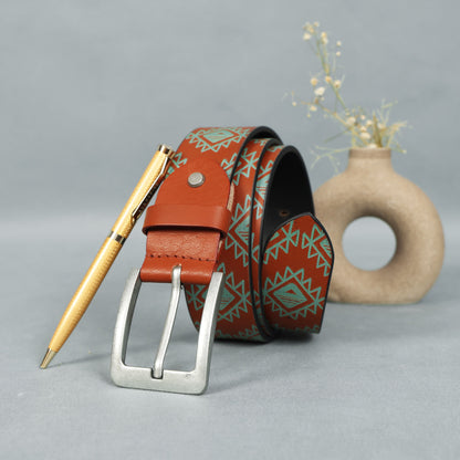 Men's Brown Printed Leather Belt with Polished Silver Buckle – Stylish & Durable.LB-891