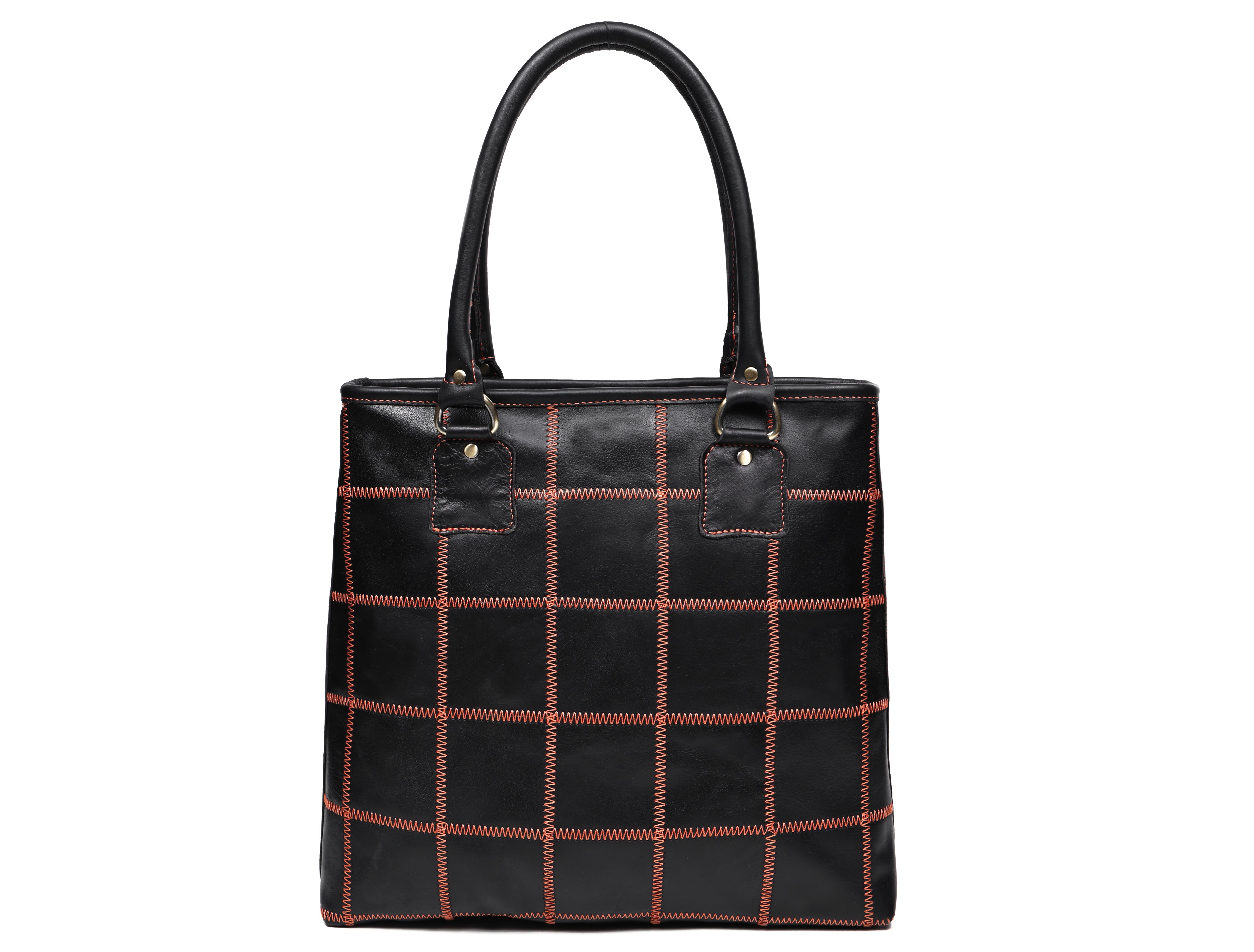 Women's Black Leather Tote Bag with Orange Stitch Grid and Spacious Interior