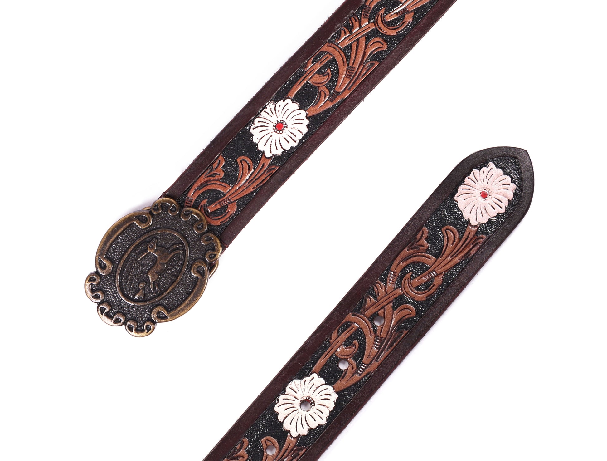 Artisan Brown Leather Tooling Belt: Animal-Inspired Buckle and Floral Accents. - CELTICINDIA