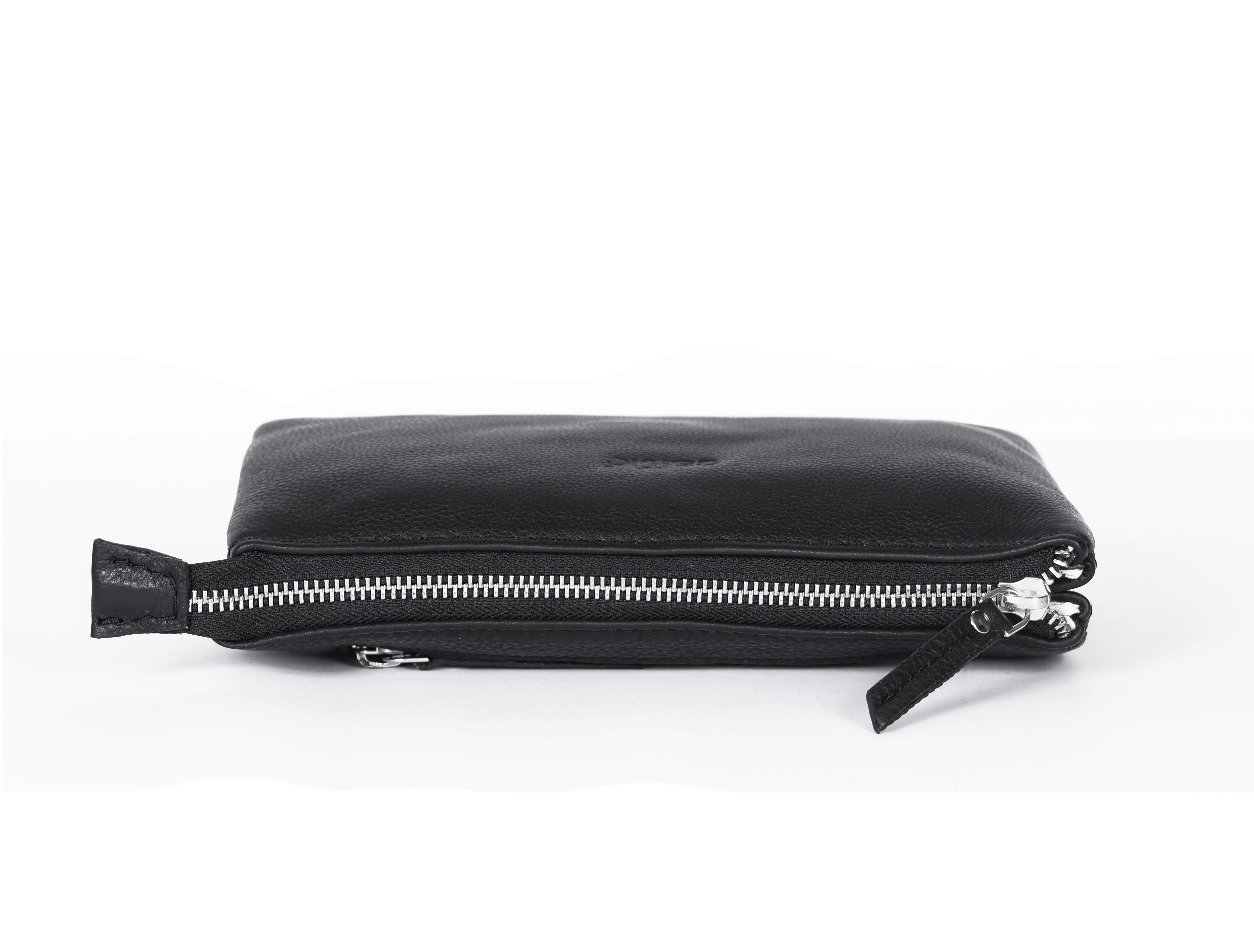 Premium Black Genuine Leather Sling Clutch with Dual Zip Compartments & Adjustable Strap