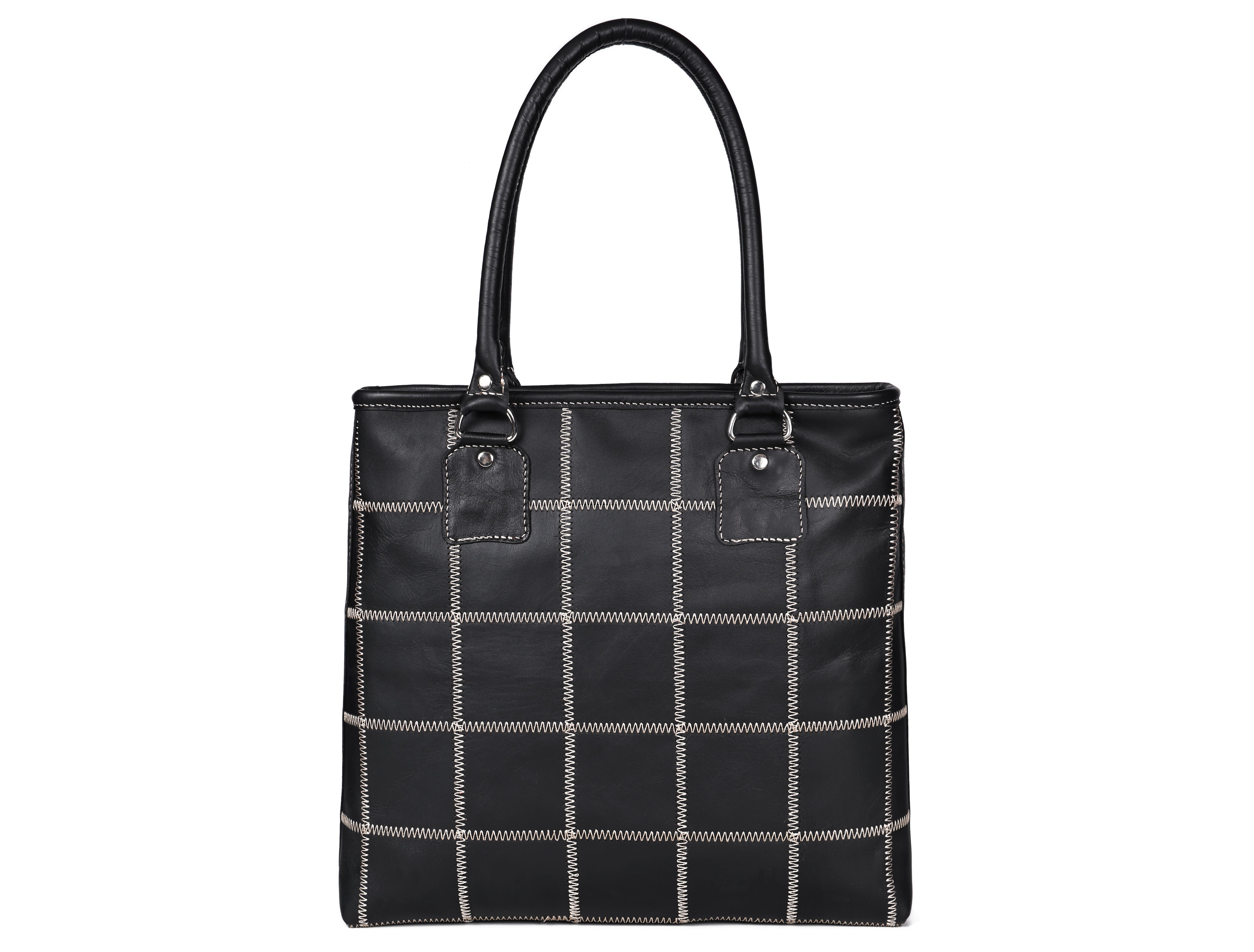Women Black Leather Tote Bag with Contrast Stitch Grid and Spacious Interior