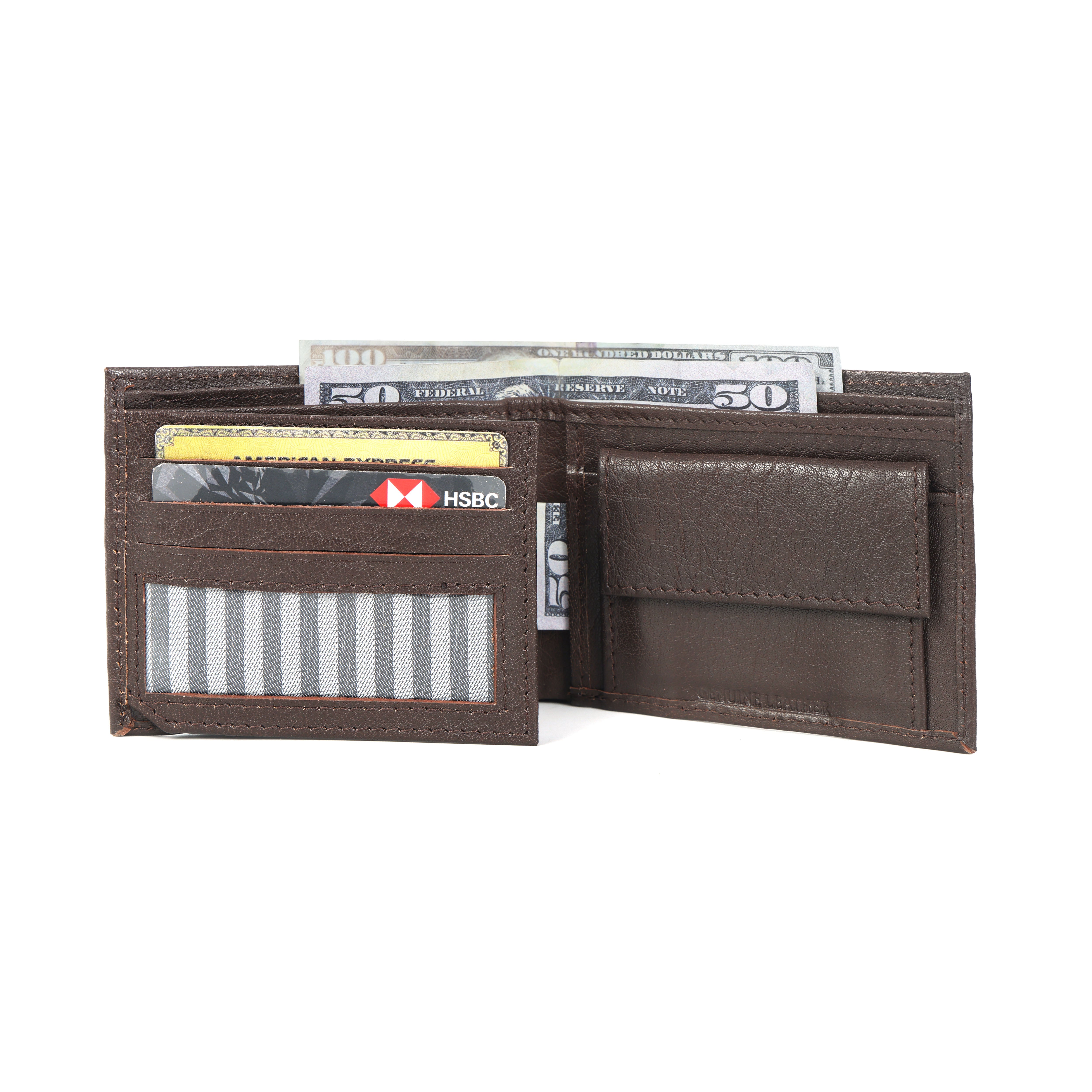 Premium Genuine Leather Bi-Fold Wallet with Flip ID Window