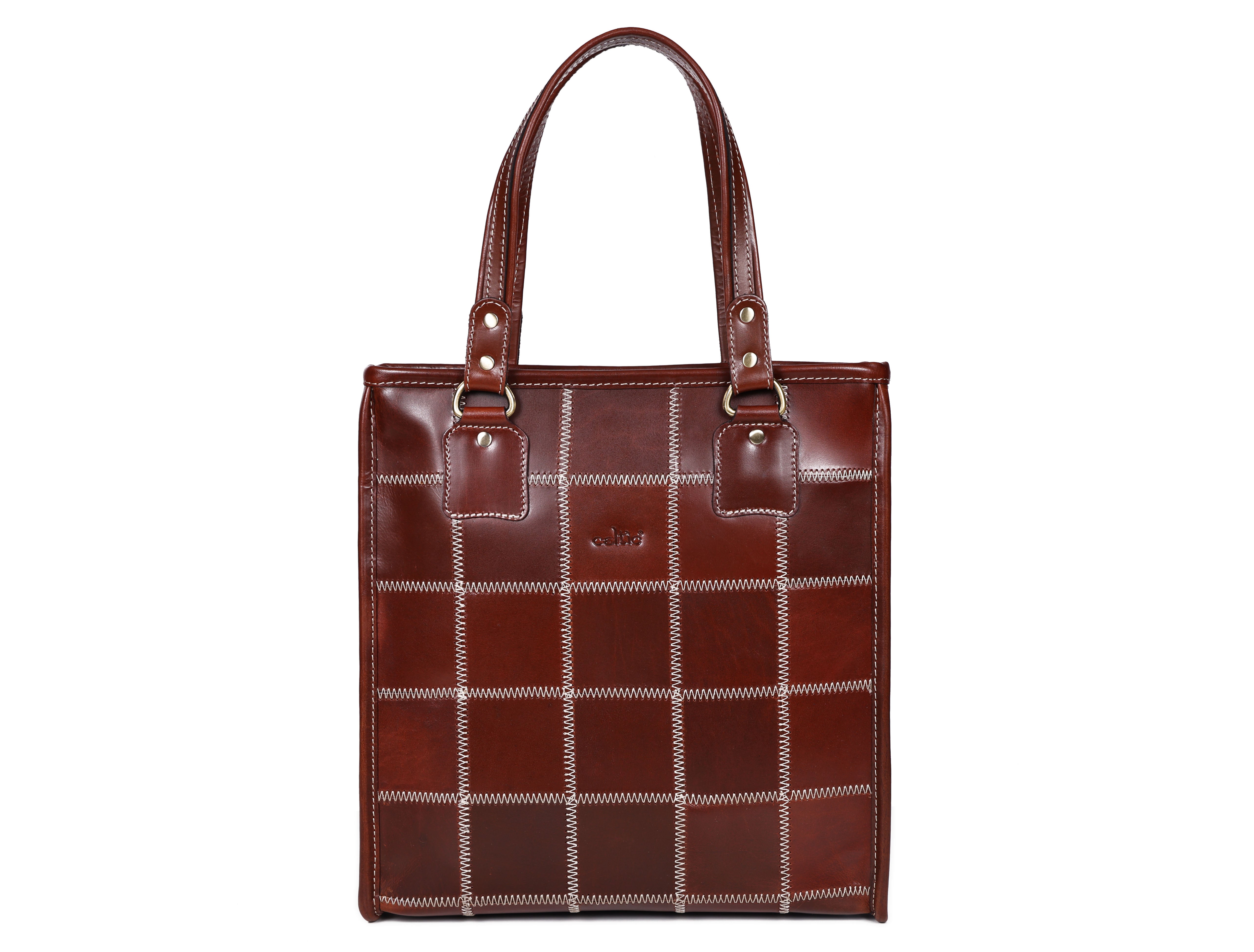 Premium Genuine Leather Shoulder totebag with Grid Stitching & Zip Closure