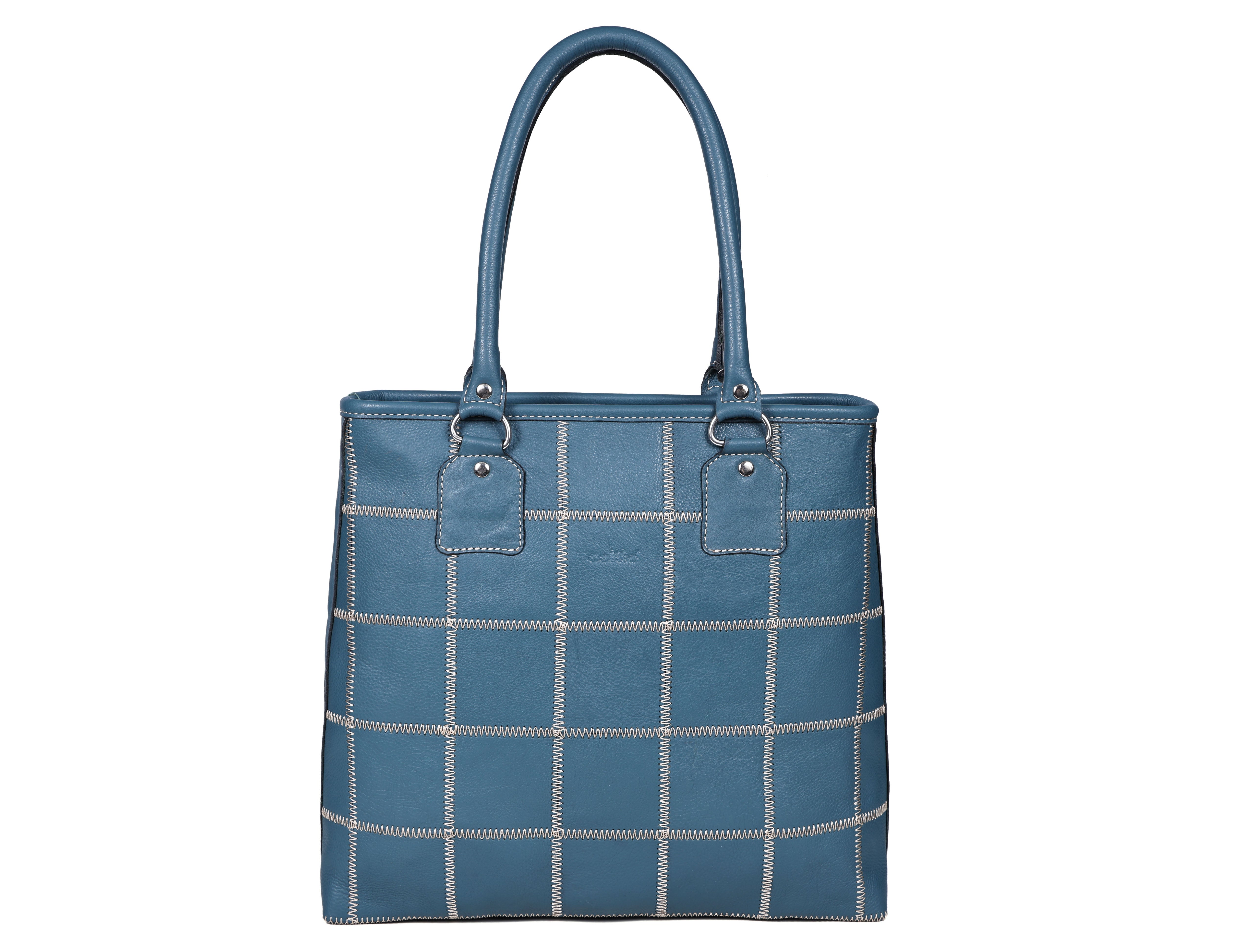 Genuine Leather Red Tote Bag with Check Stitch Design and Zip Closure