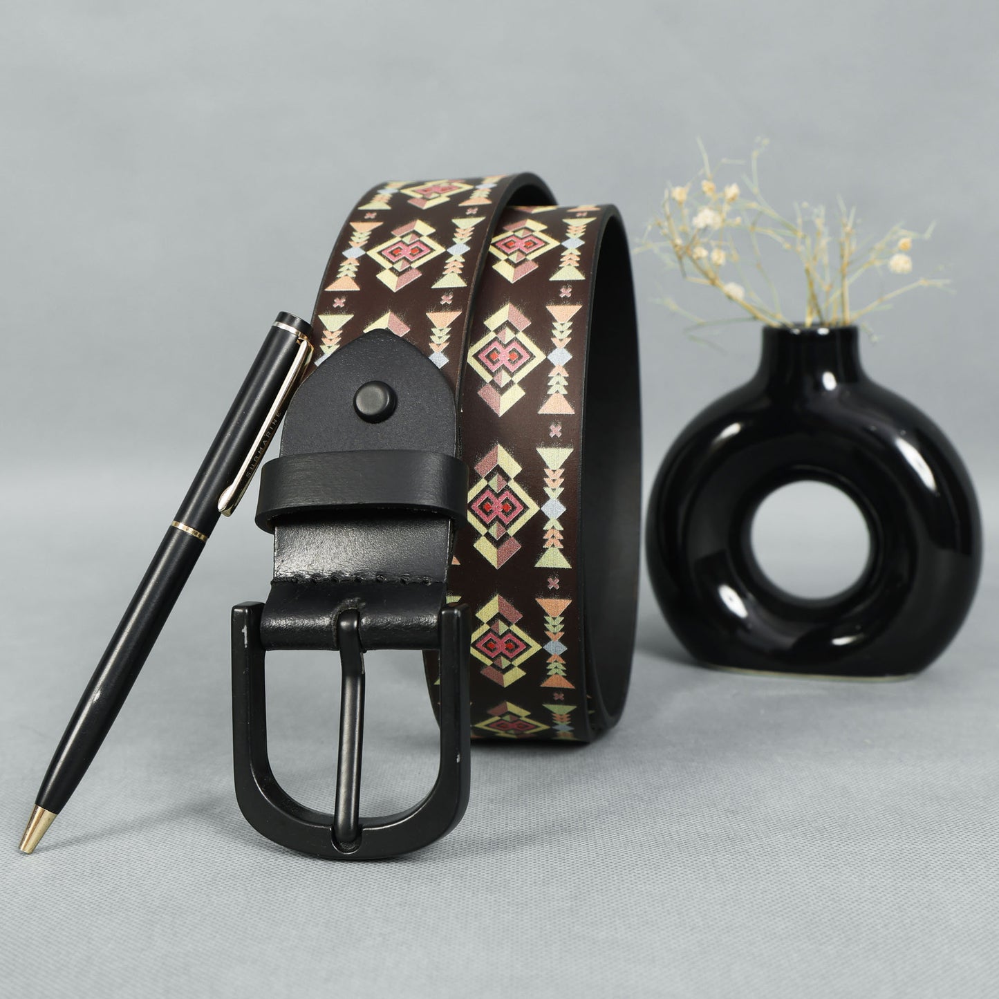 Black Printed Belt with Matte Buckle & Leather Wallet Gift Combo