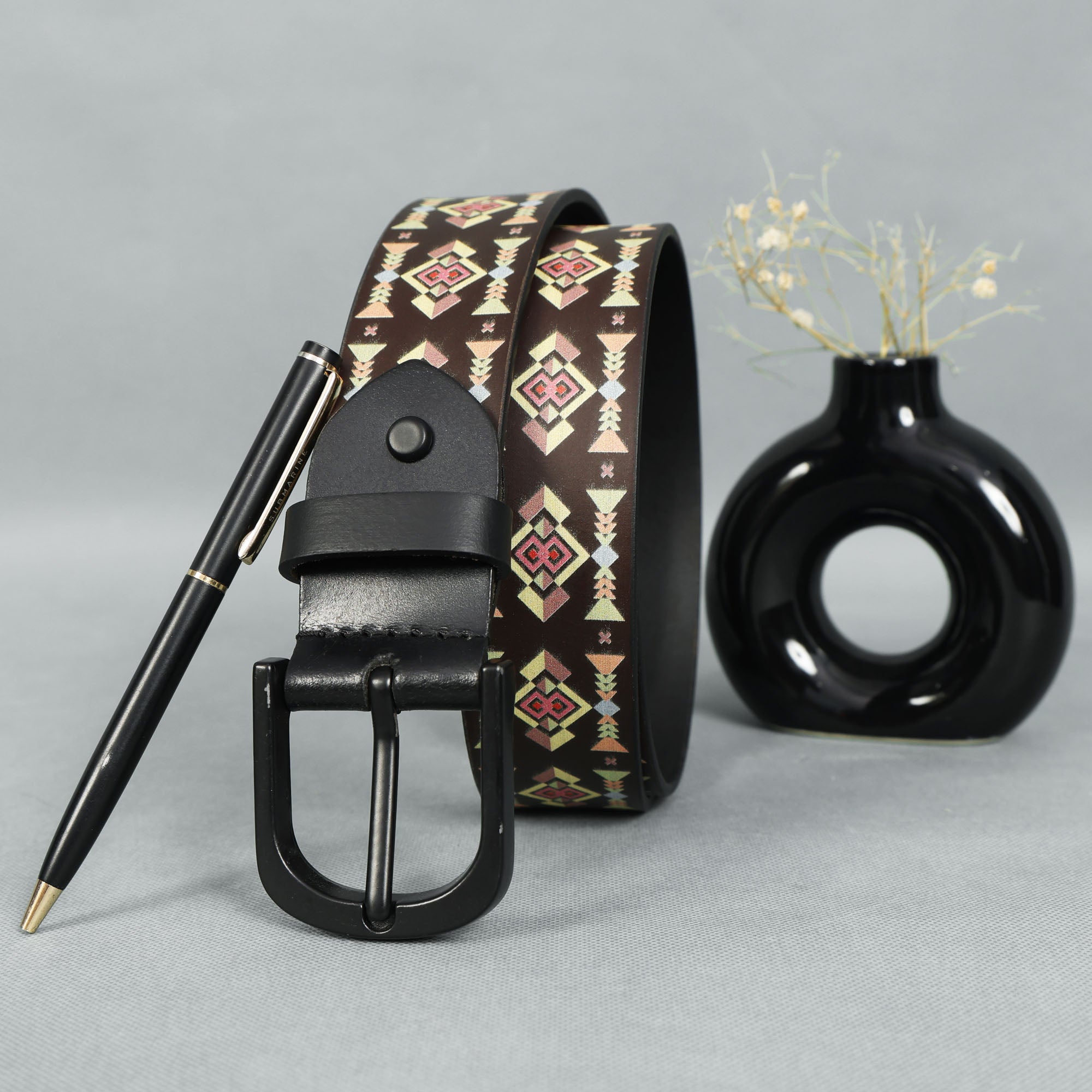 Black Printed Belt with Matte Buckle & Leather Wallet Gift Combo