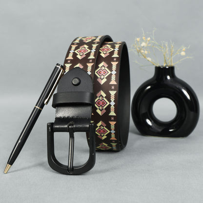 Black Printed Belt with Matte Buckle & Leather Wallet Gift Combo
