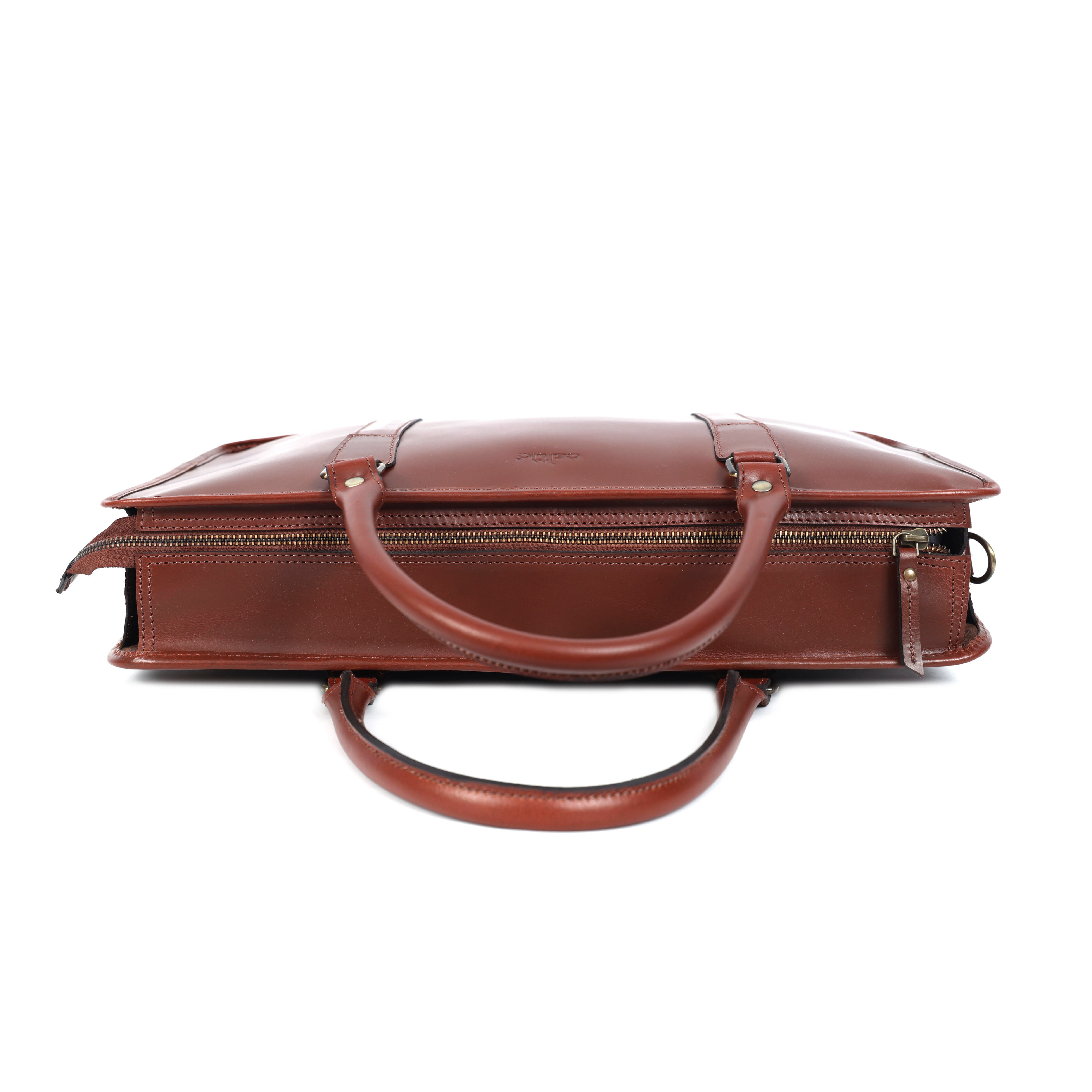 Premium Full-Grain Leather Laptop Briefcase with Zip Closure & Detachable Shoulder Strap