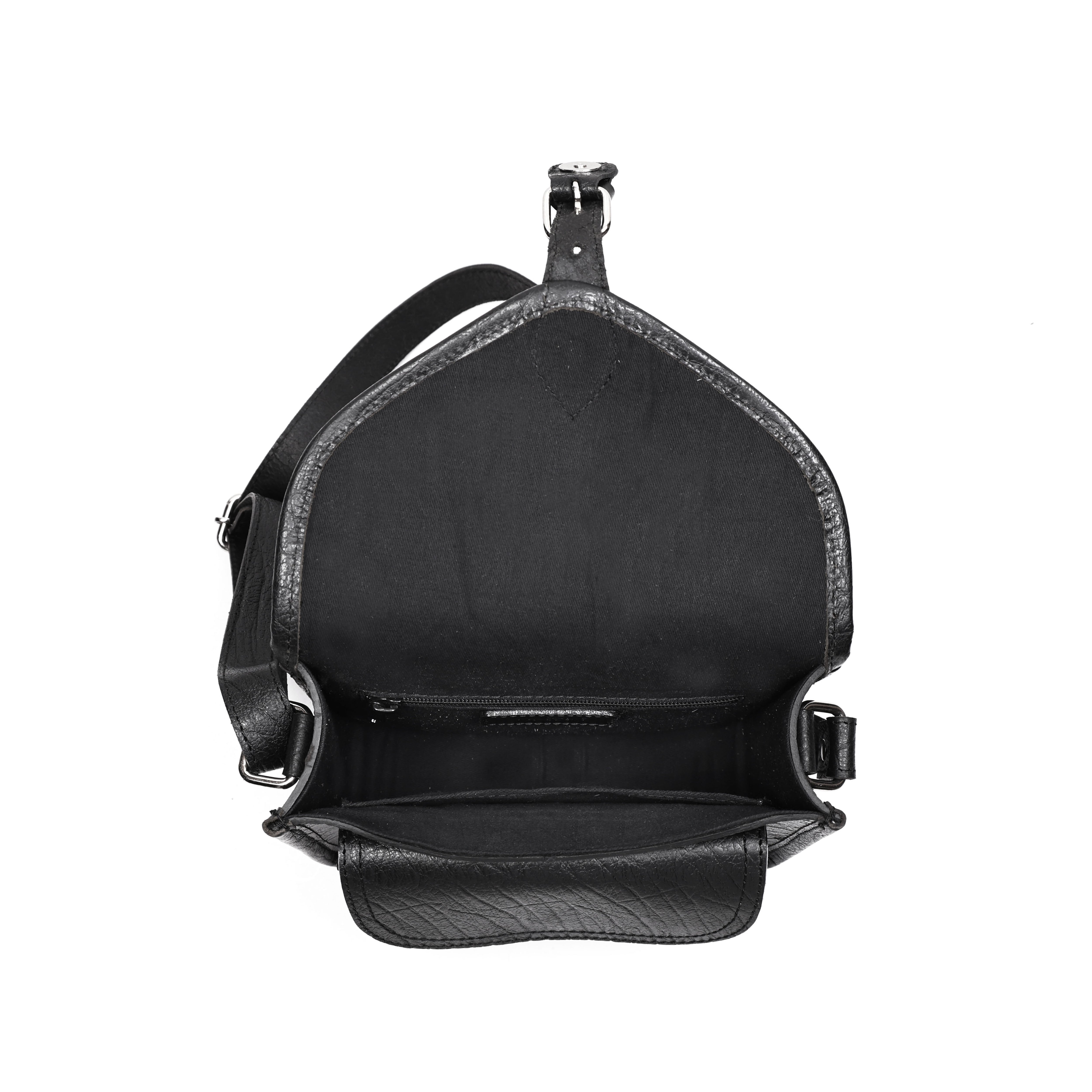 Black Wrinkle-Texture Leather Sling bag with Front Pocket & Adjustable Strap