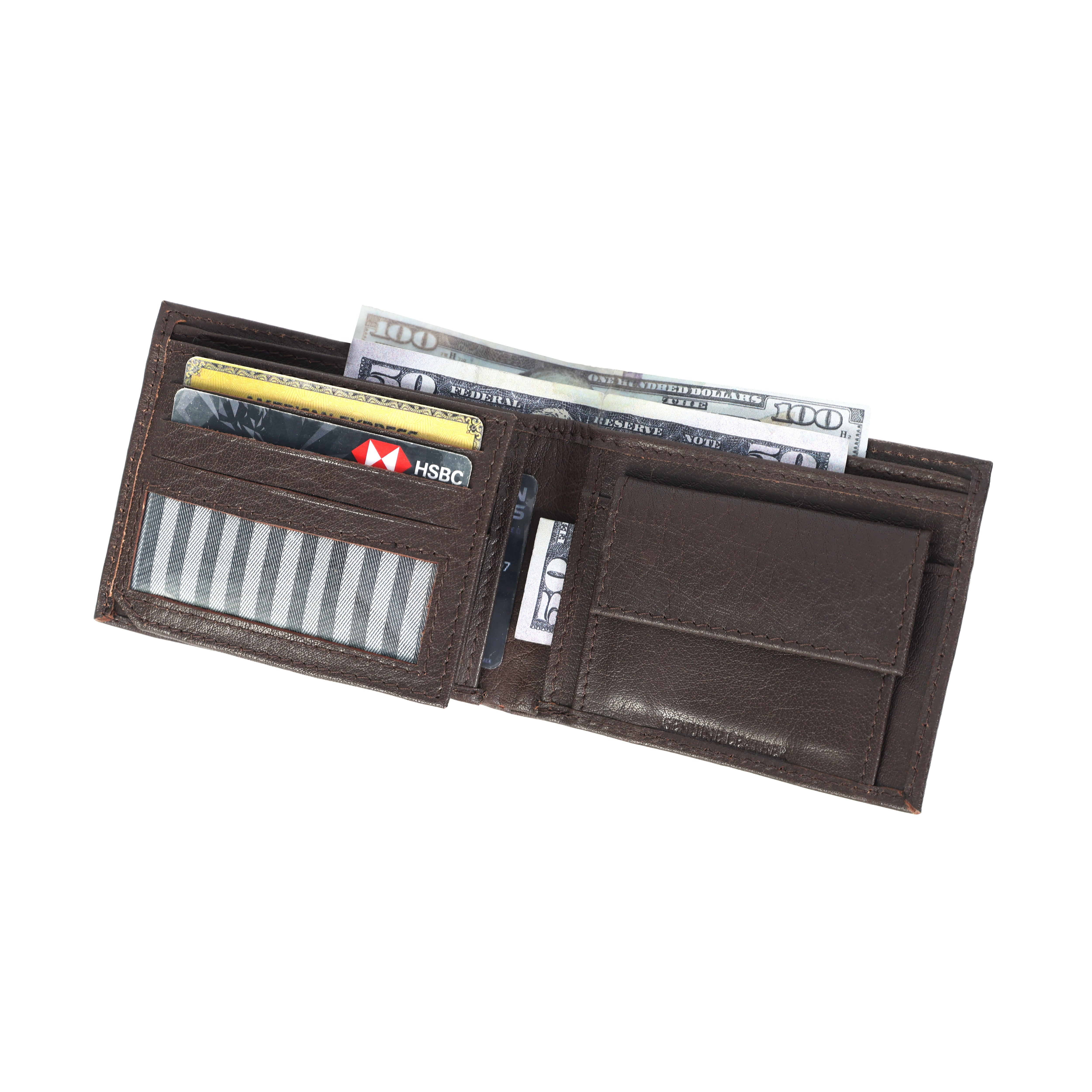 Premium Genuine Leather Bi-Fold Wallet with Flip ID Window