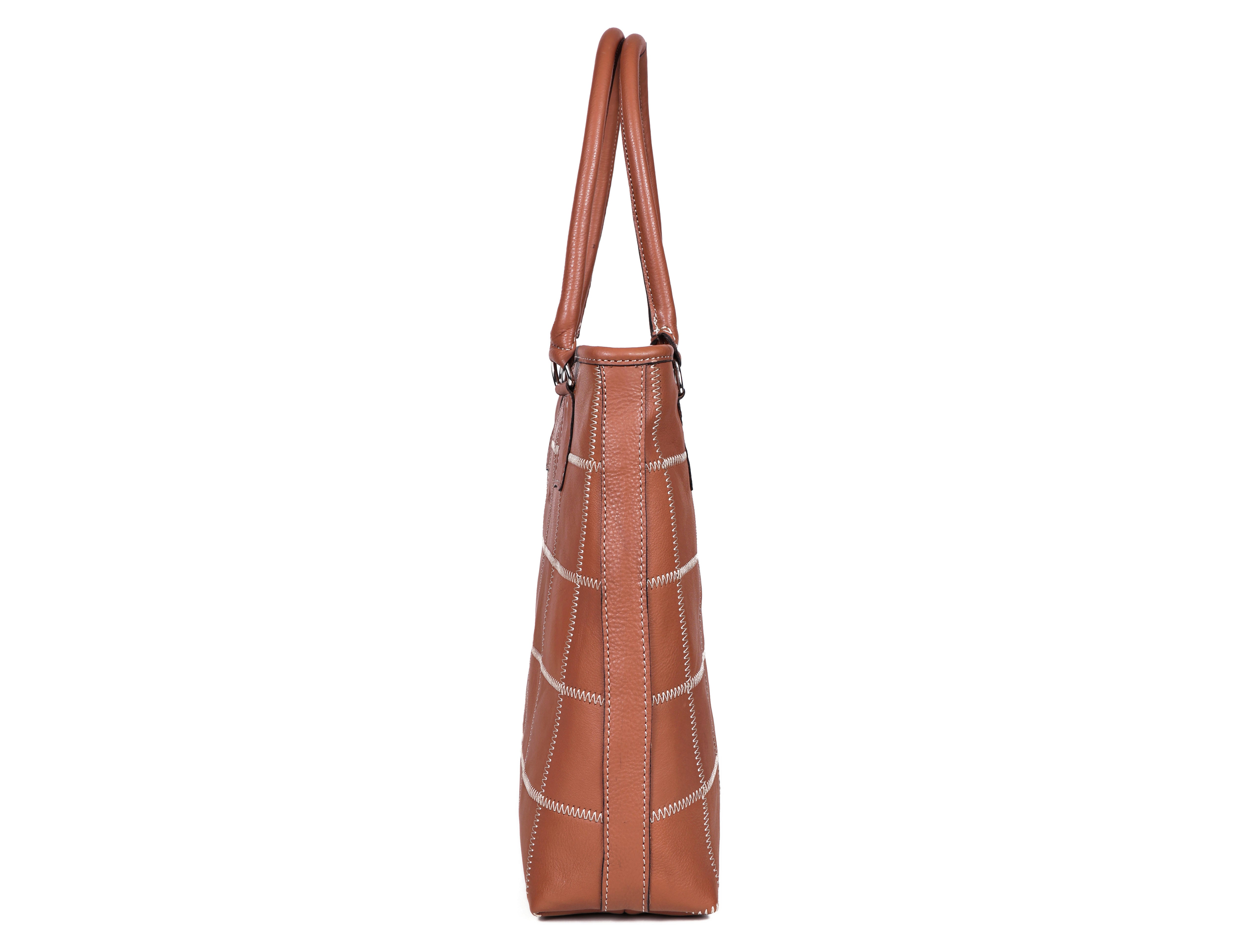 Genuine Leather Brown Tote Bag with Check Stitch Design and Zip Closure