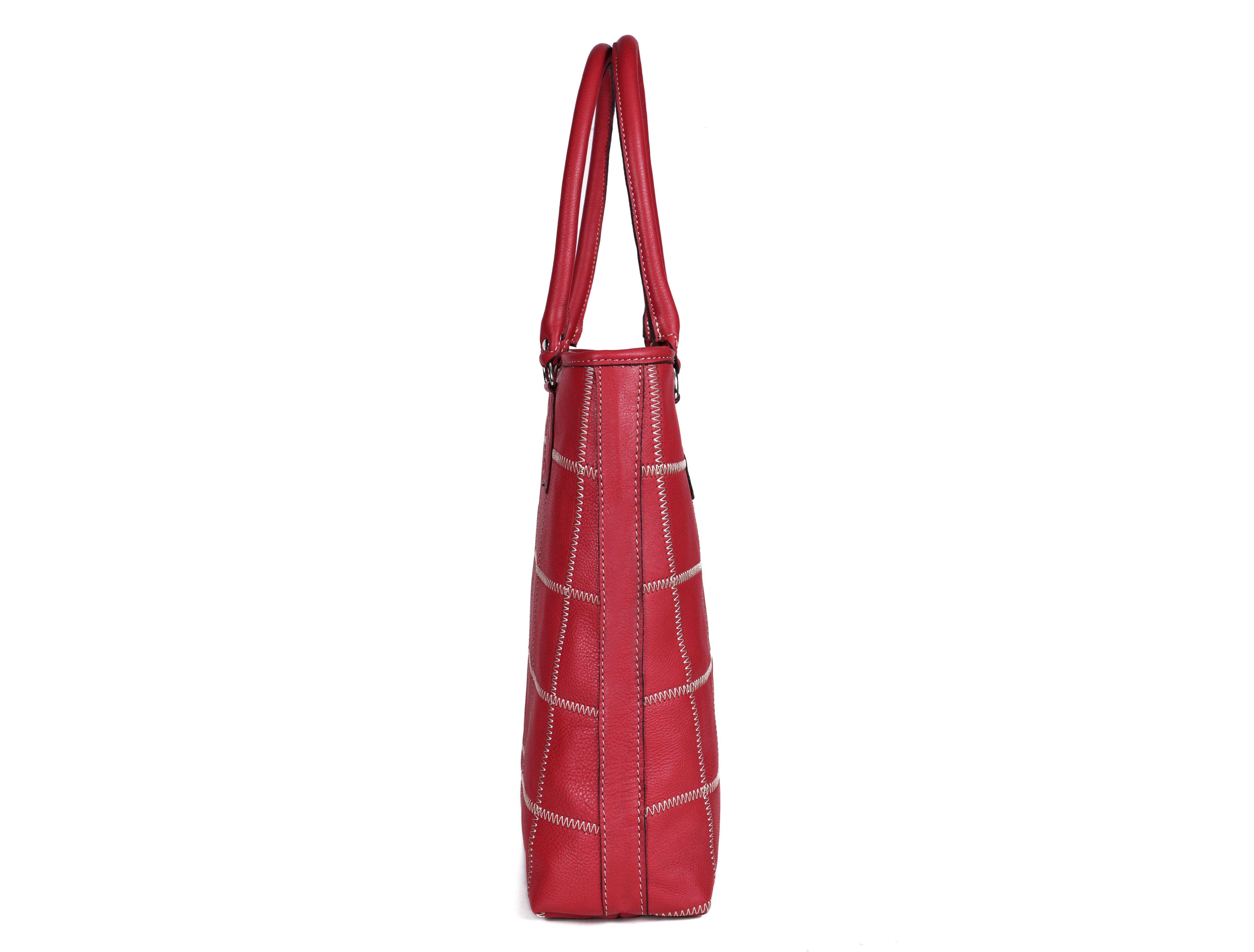 Genuine Leather Red Tote Bag with Check Stitch Design and Zip Closure