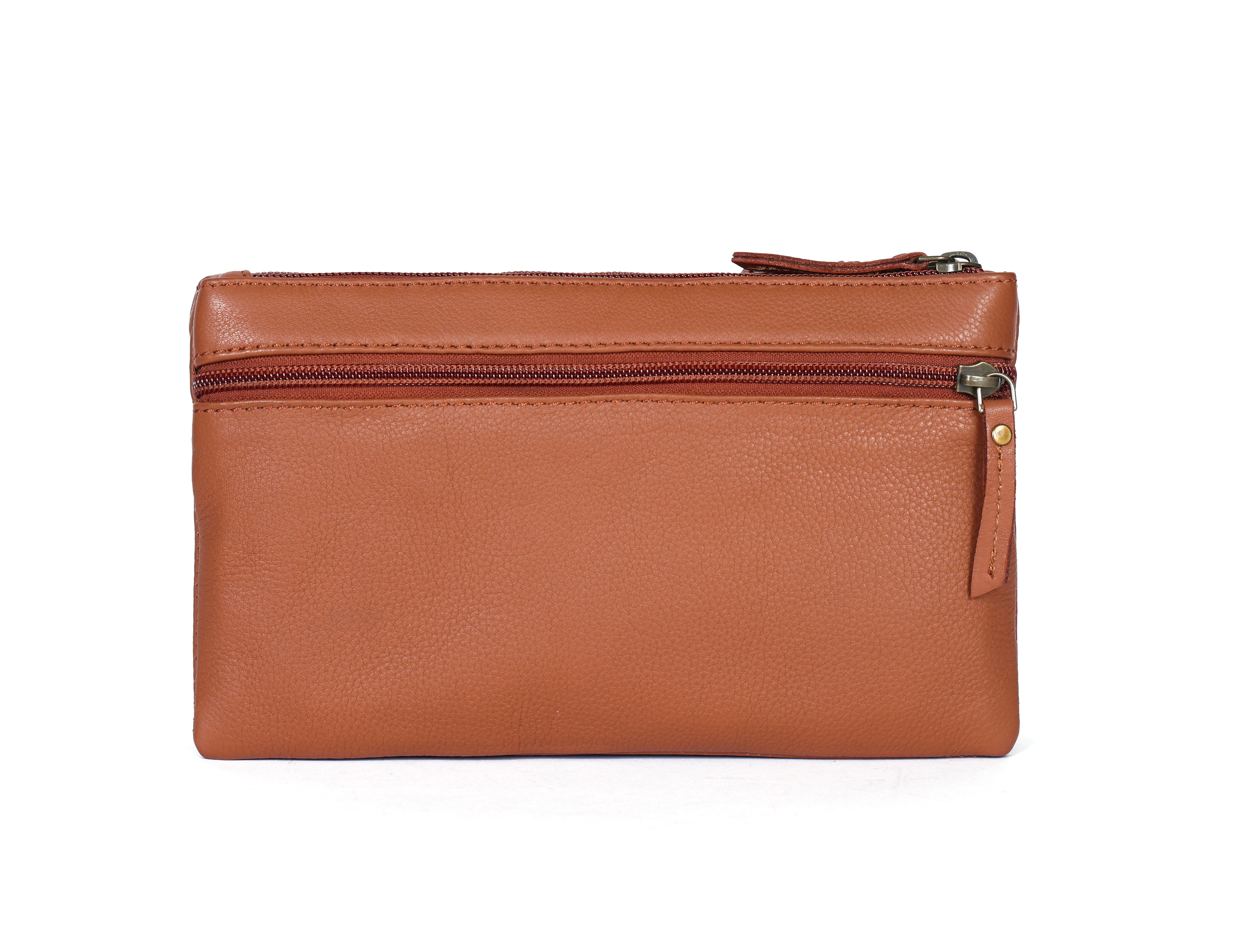 Premium Genuine Leather Studded Wristlet Sling  with Dual Zip Compartments for Women