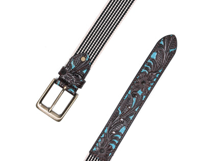 Artisan Elegance:  Leather Hand-Tooled and Webbing Belt. Art: LB-825