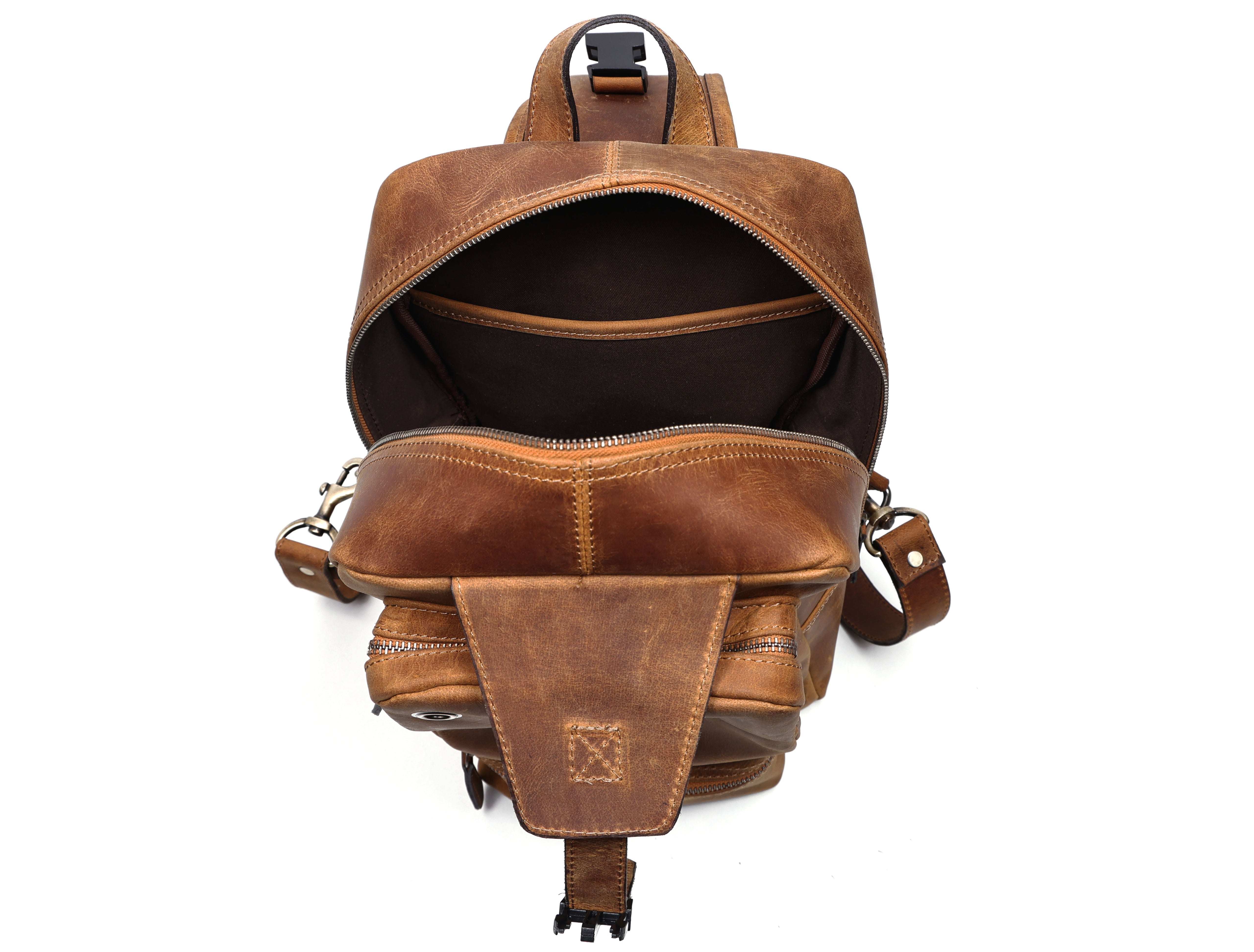 Premium Genuine Leather Crossbody Bag with Multiple Zip Pockets & Fixed Strap