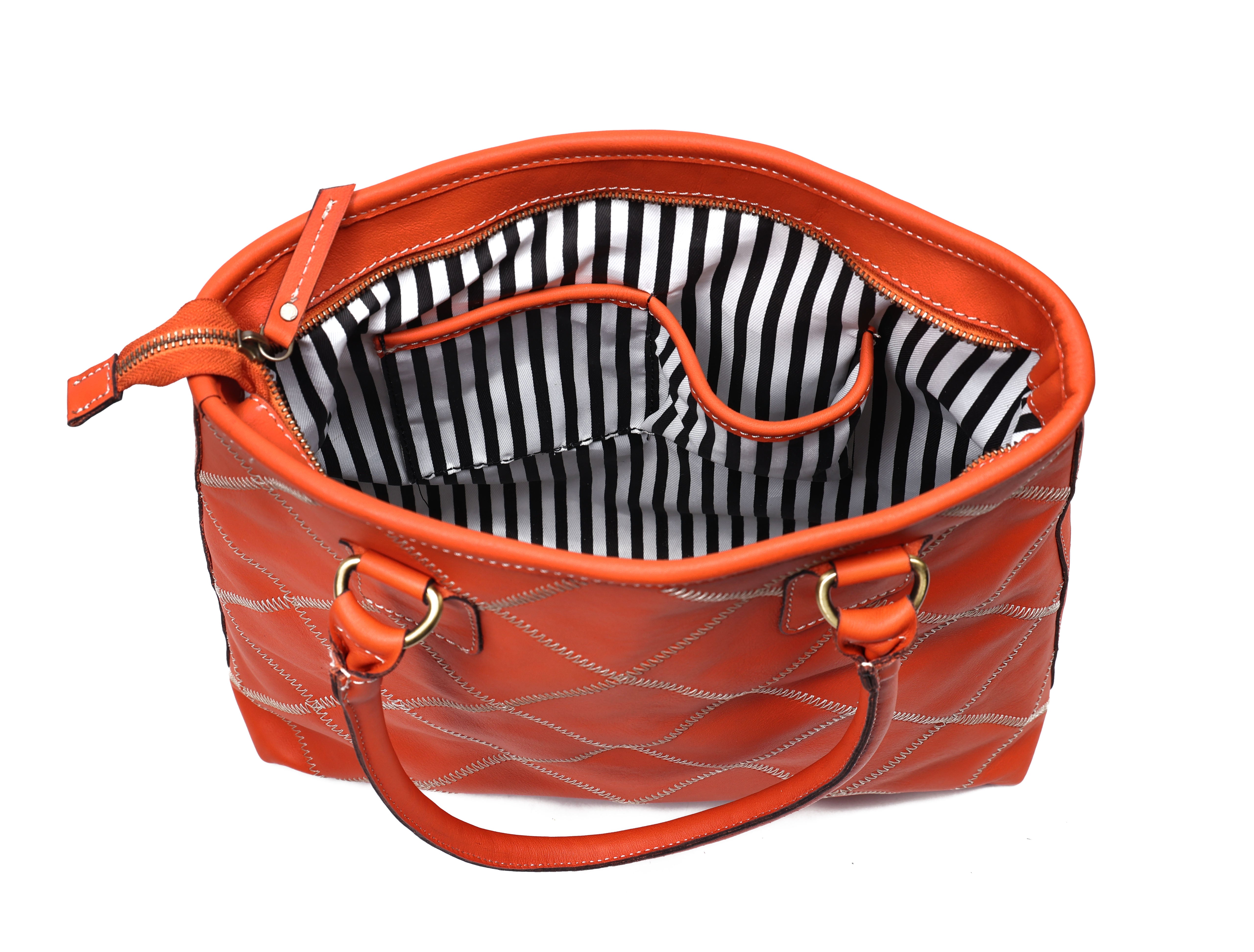 Genuine Leather Red Tote Bag with Check Stitch Design and Zip Closure