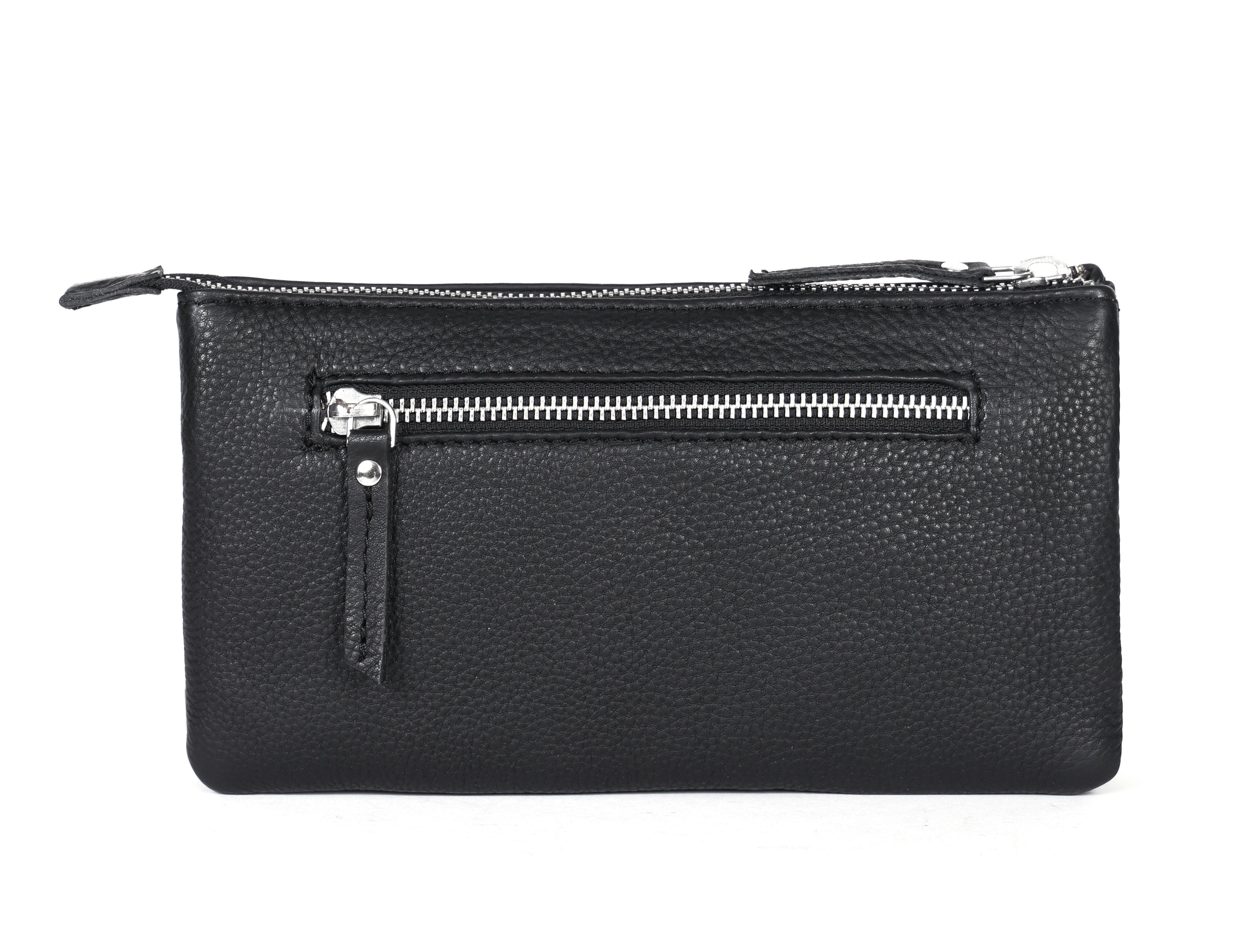 Premium Black Genuine Leather Sling Clutch with Dual Zip Compartments & Adjustable Strap