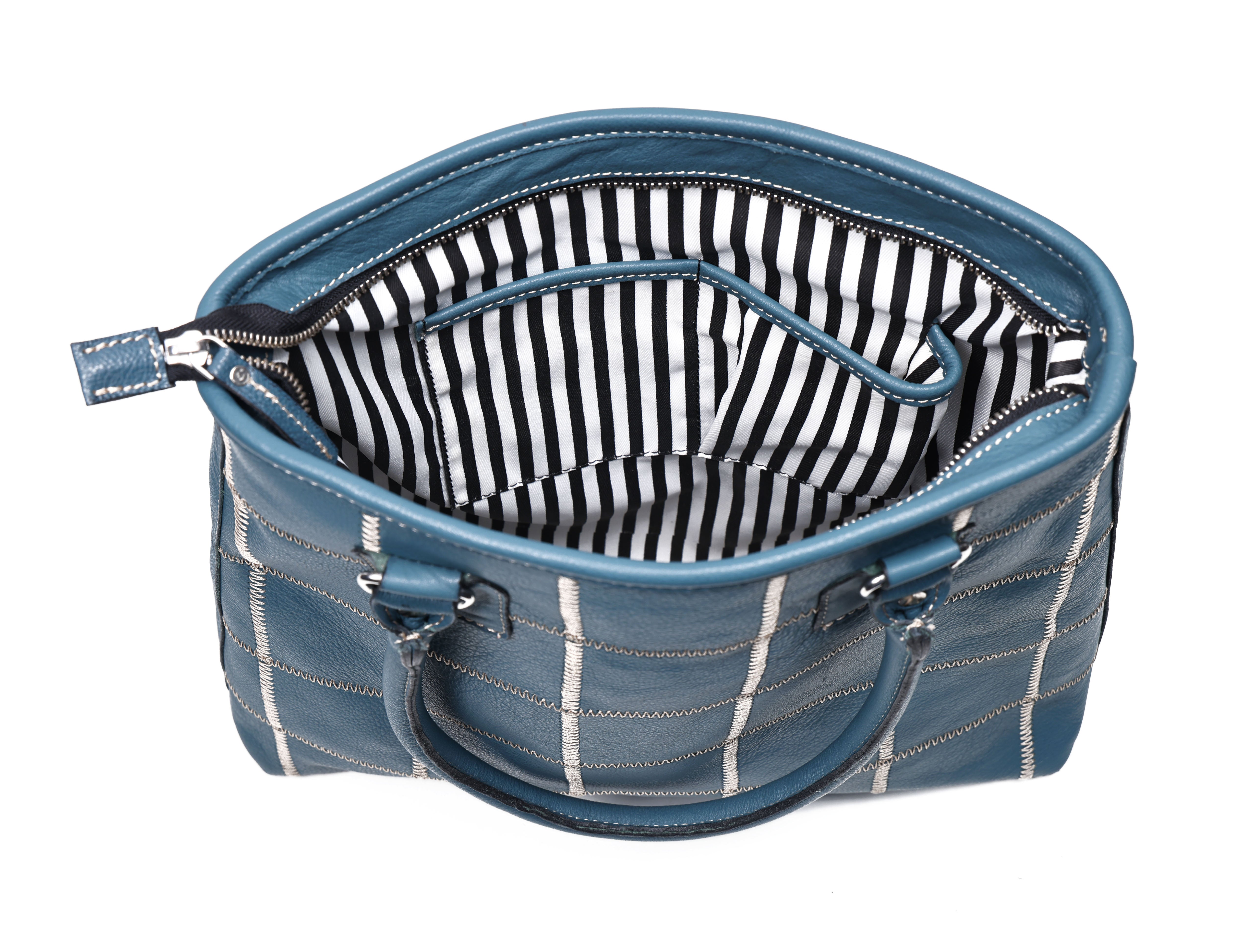 Genuine Leather Blue Tote Bag with Check Stitch Design and Zip Closure