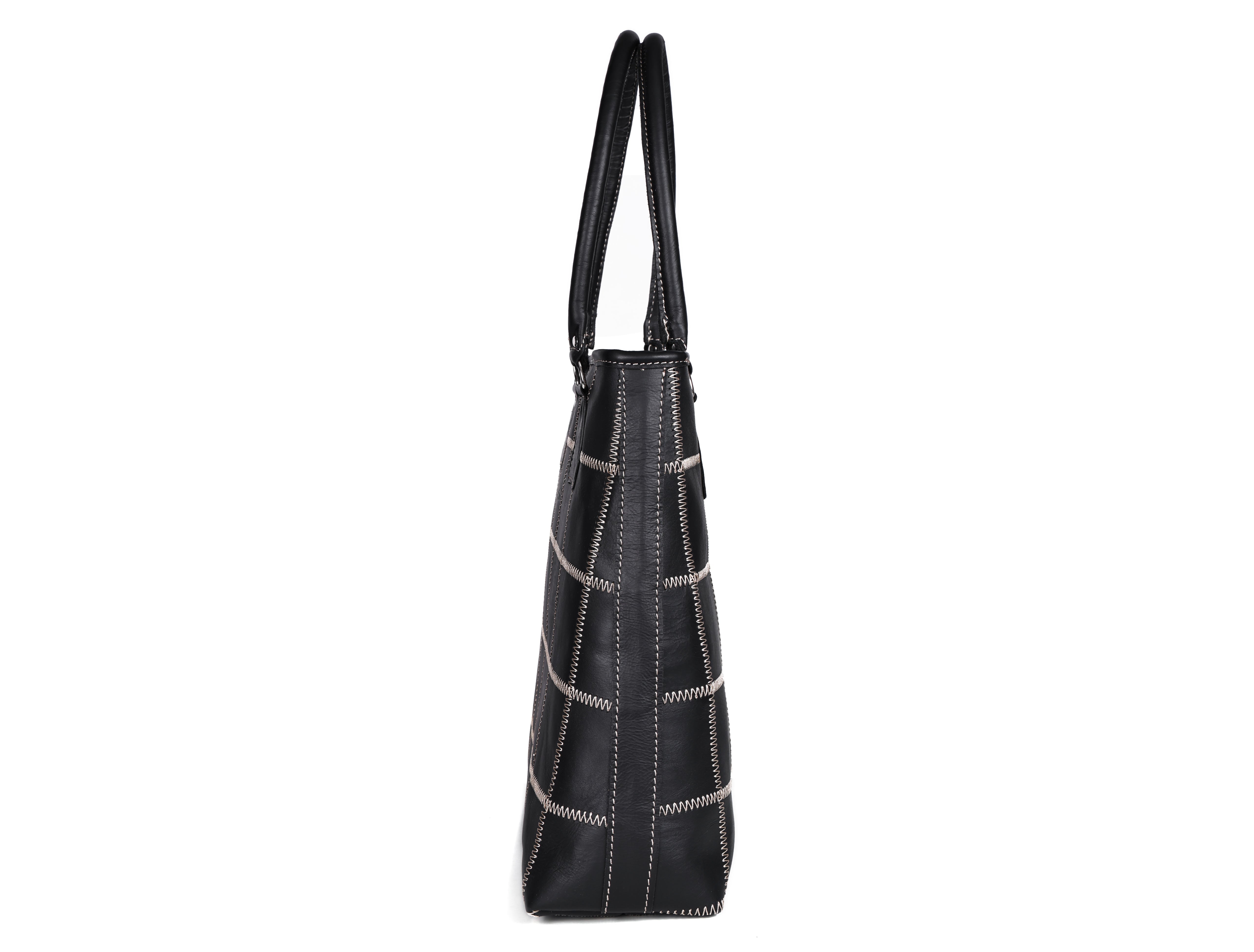 Women Black Leather Tote Bag with Contrast Stitch Grid and Spacious Interior