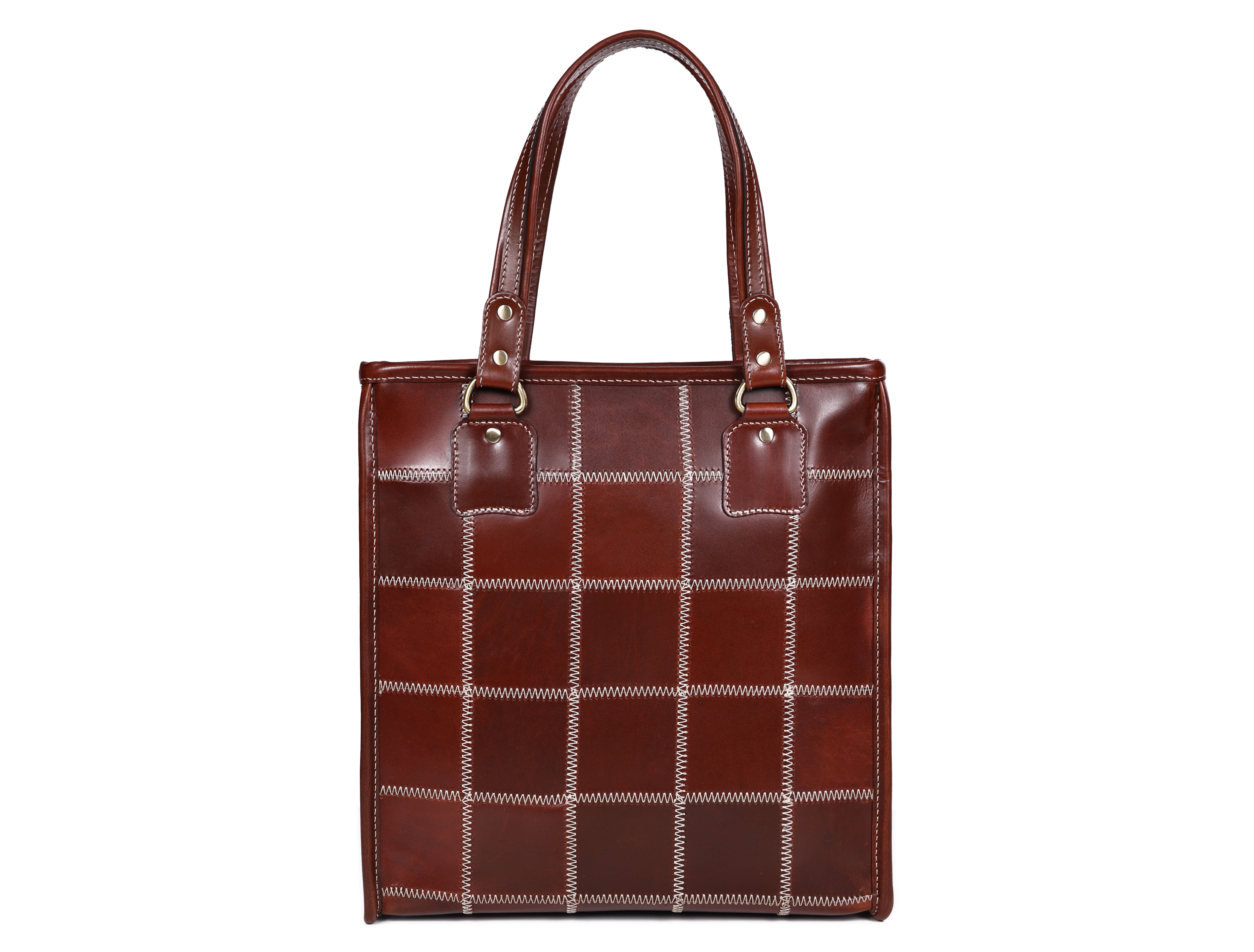 Premium Genuine Leather Shoulder totebag with Grid Stitching & Zip Closure
