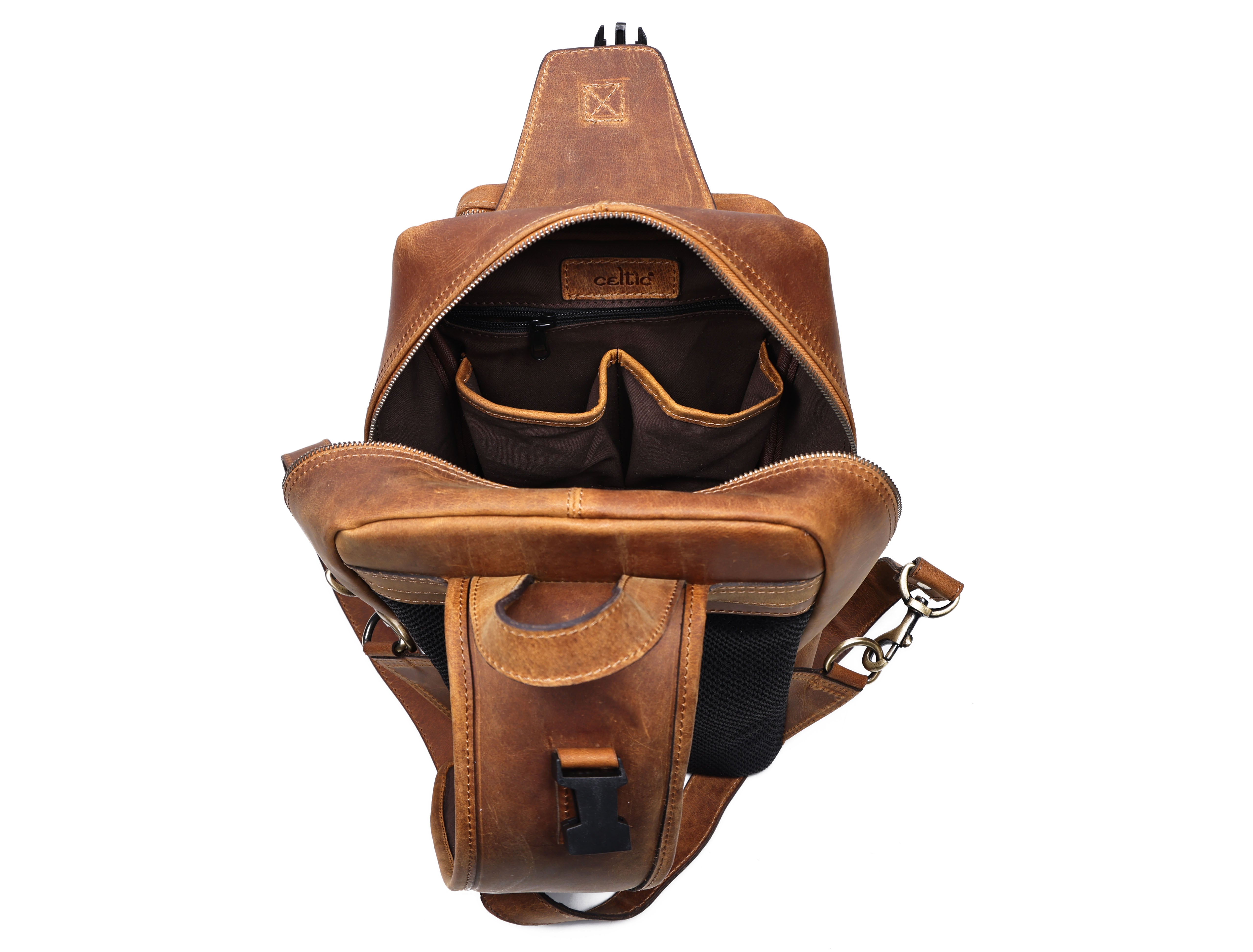 Premium Genuine Leather Crossbody Bag with Multiple Zip Pockets & Fixed Strap