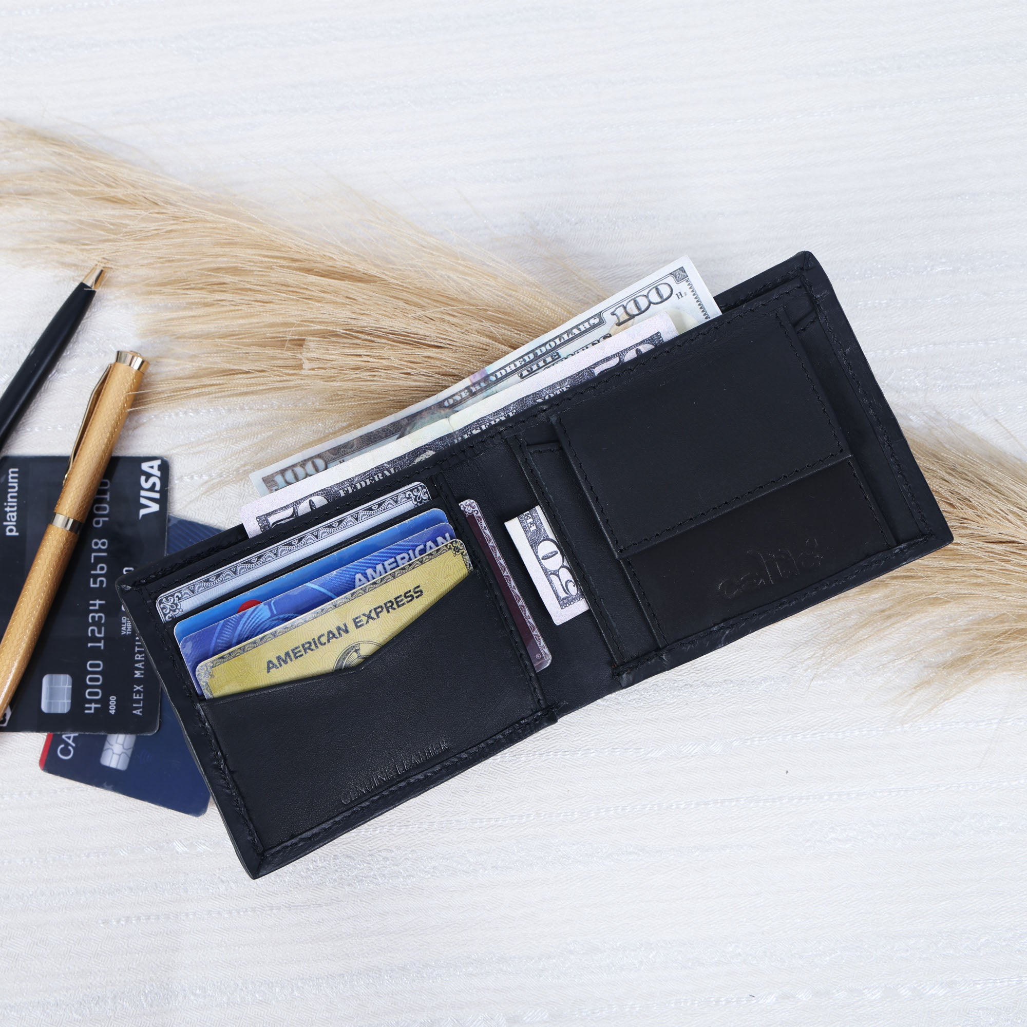 Celtic Genuine Leather Bi-Fold Wallet with Coin Pocket Black