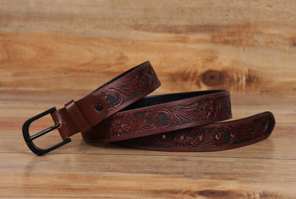 "Bespoke Elegance: Brown Hand Carving Leather Belt for Timeless Style" Art: LB-807