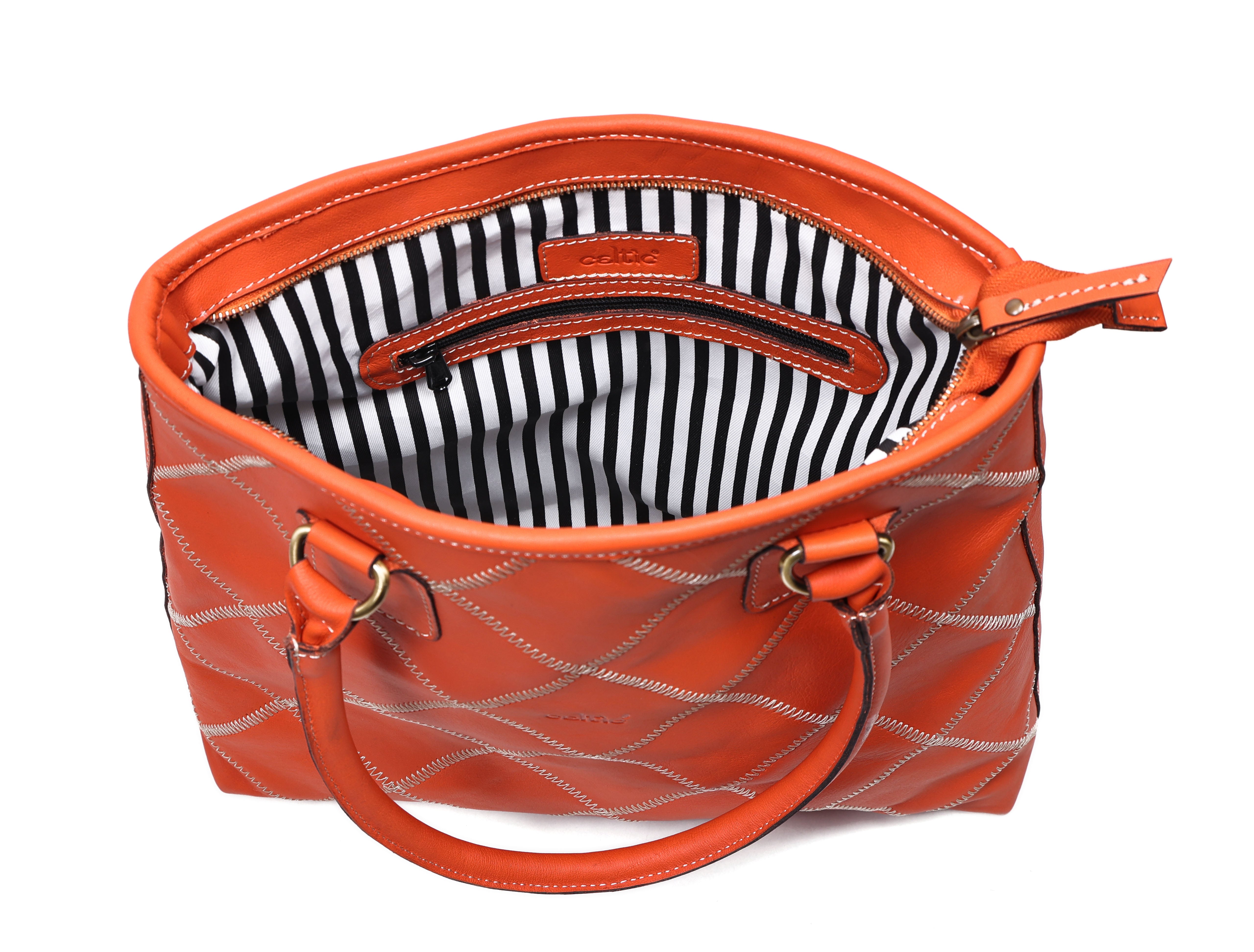 Genuine Leather Red Tote Bag with Check Stitch Design and Zip Closure
