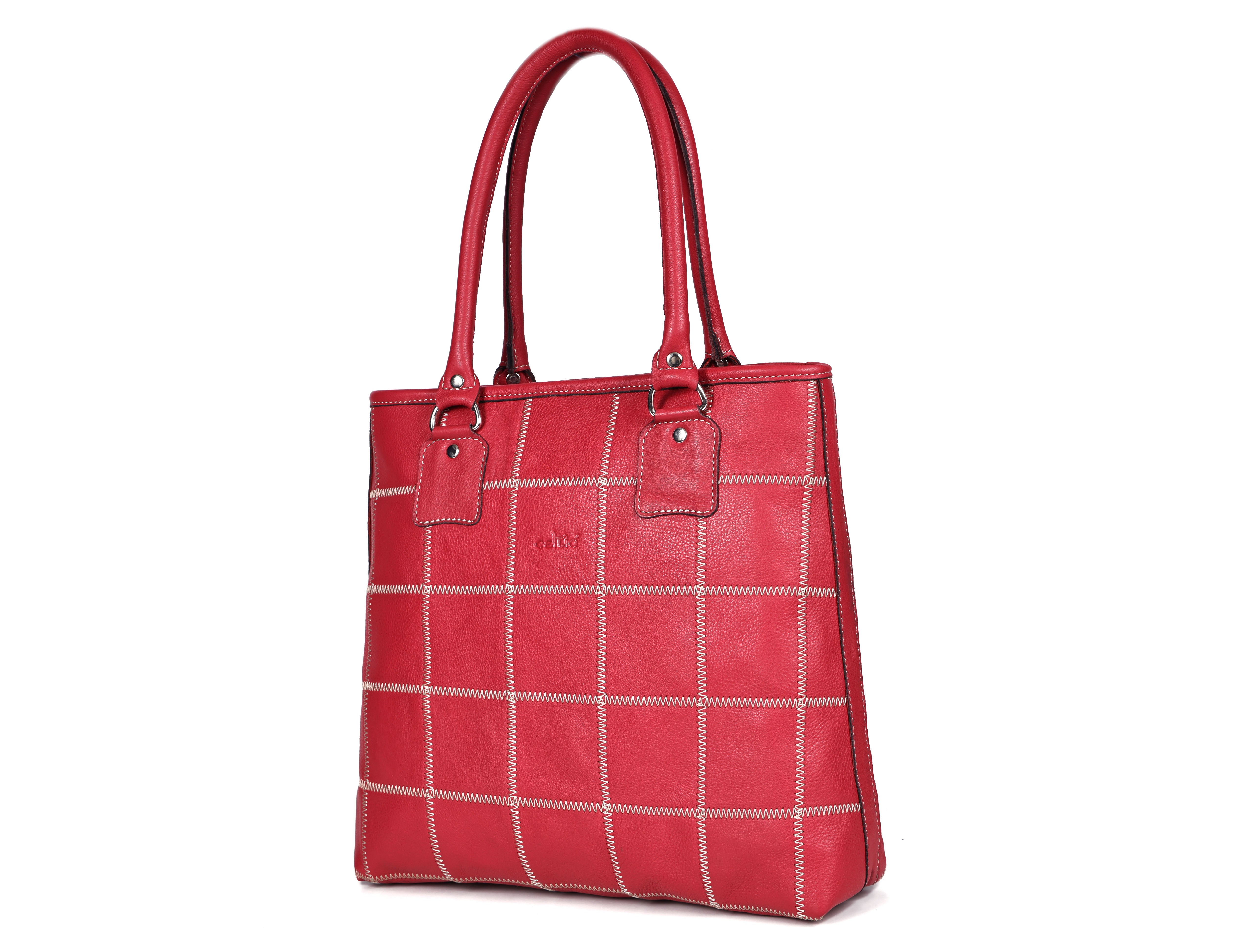 Genuine Leather Red Tote Bag with Check Stitch Design and Zip Closure