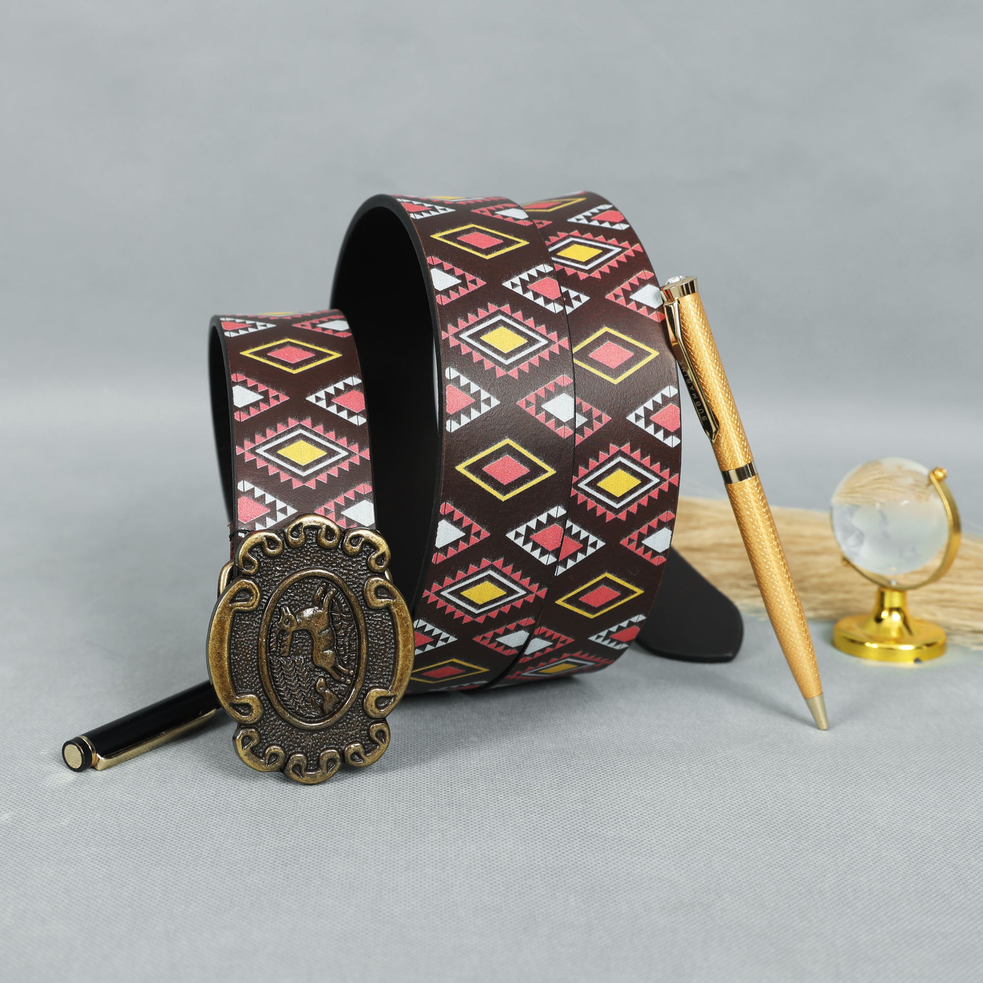 Multicolor Printed Belt with Antique Buckle  Stylish Vintage-Inspired Accessory for Men & Women.LB-894